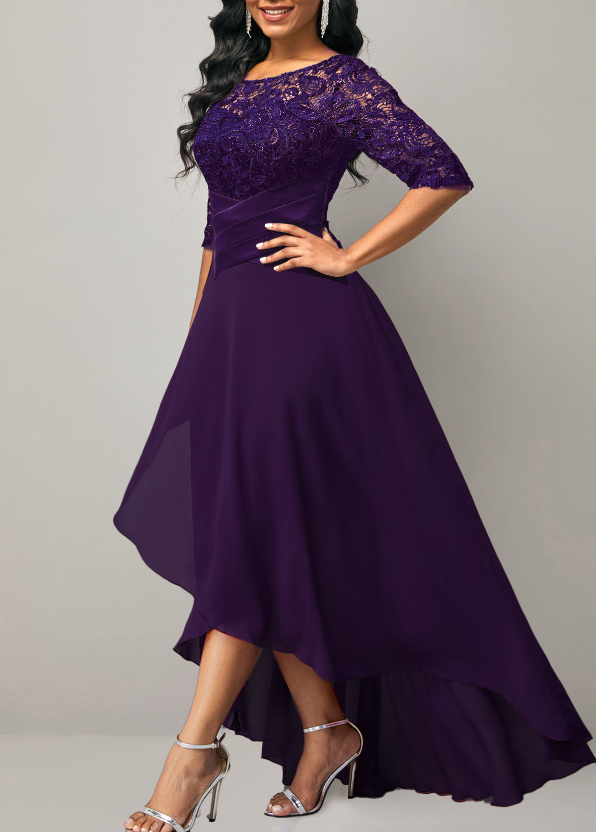Lace Patchwork Half Sleeve Purple Dress