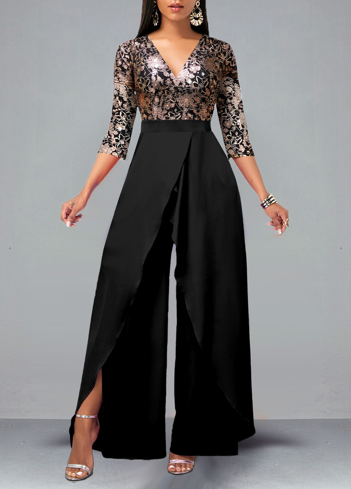 Floral Print Lace Patchwork Black Jumpsuit USD 30.98