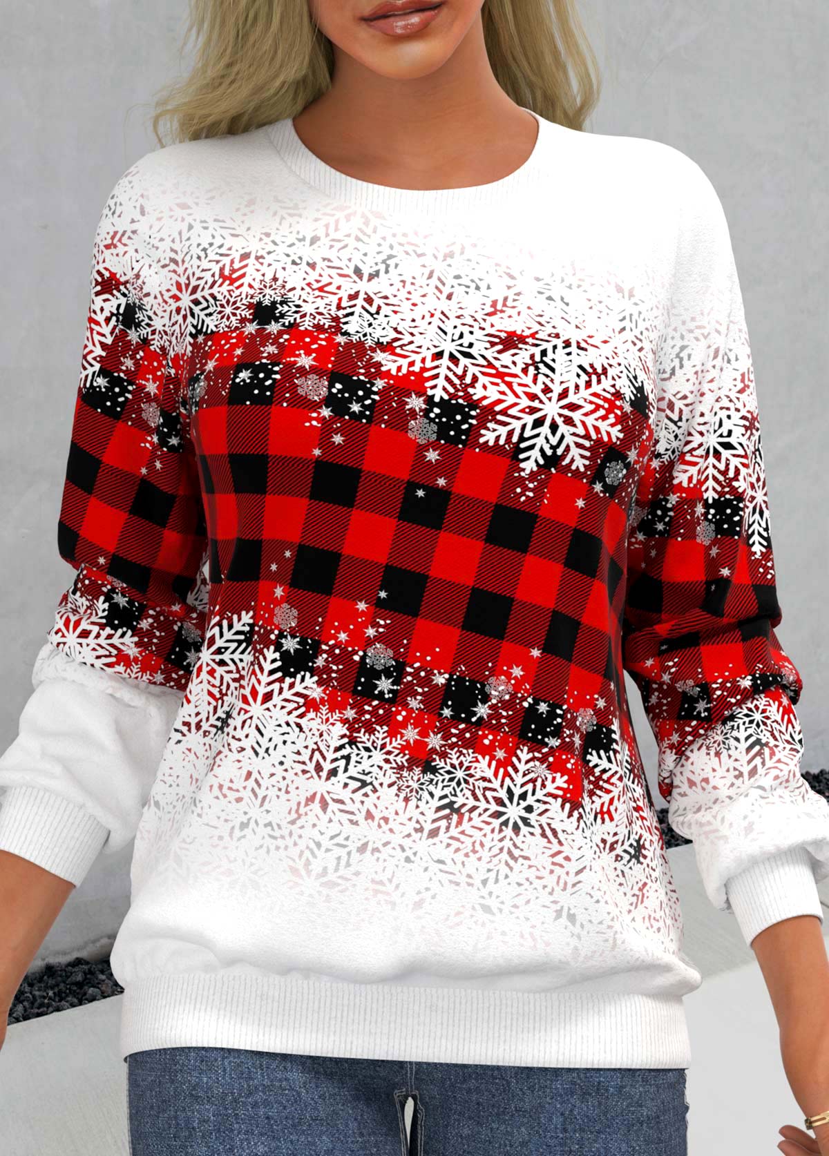 Snowflake Print Red Round Neck Regular Sleeve Sweatshirt