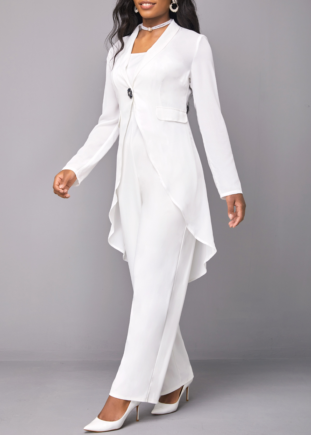 White Plus Size Button Long Sleeve Jumpsuit and Cardigan