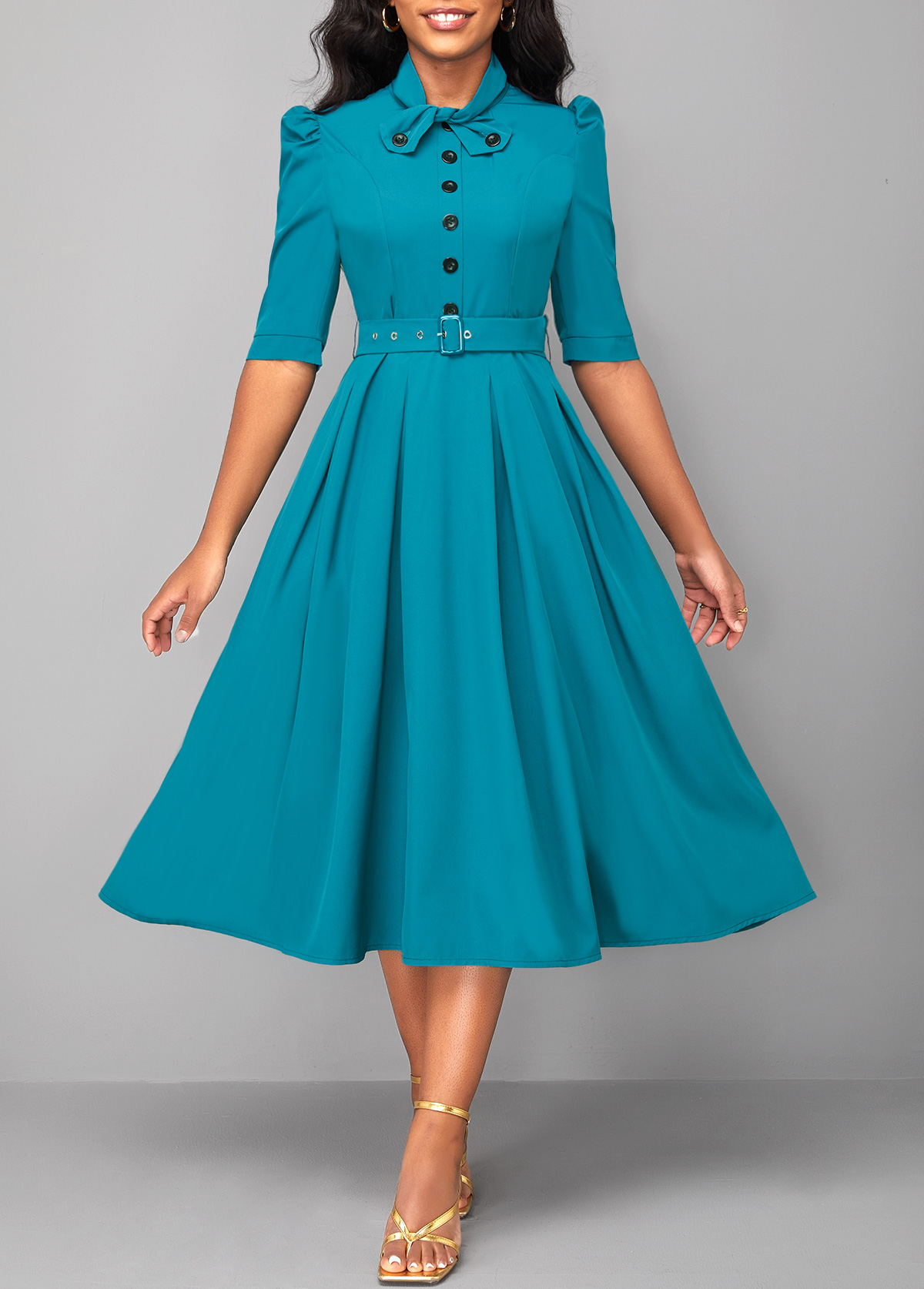 Half Sleeve Turquoise Tie Belted Dress