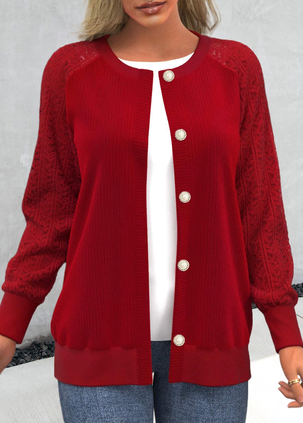 Lace Panel Red Button Up Round Neck Cardigan