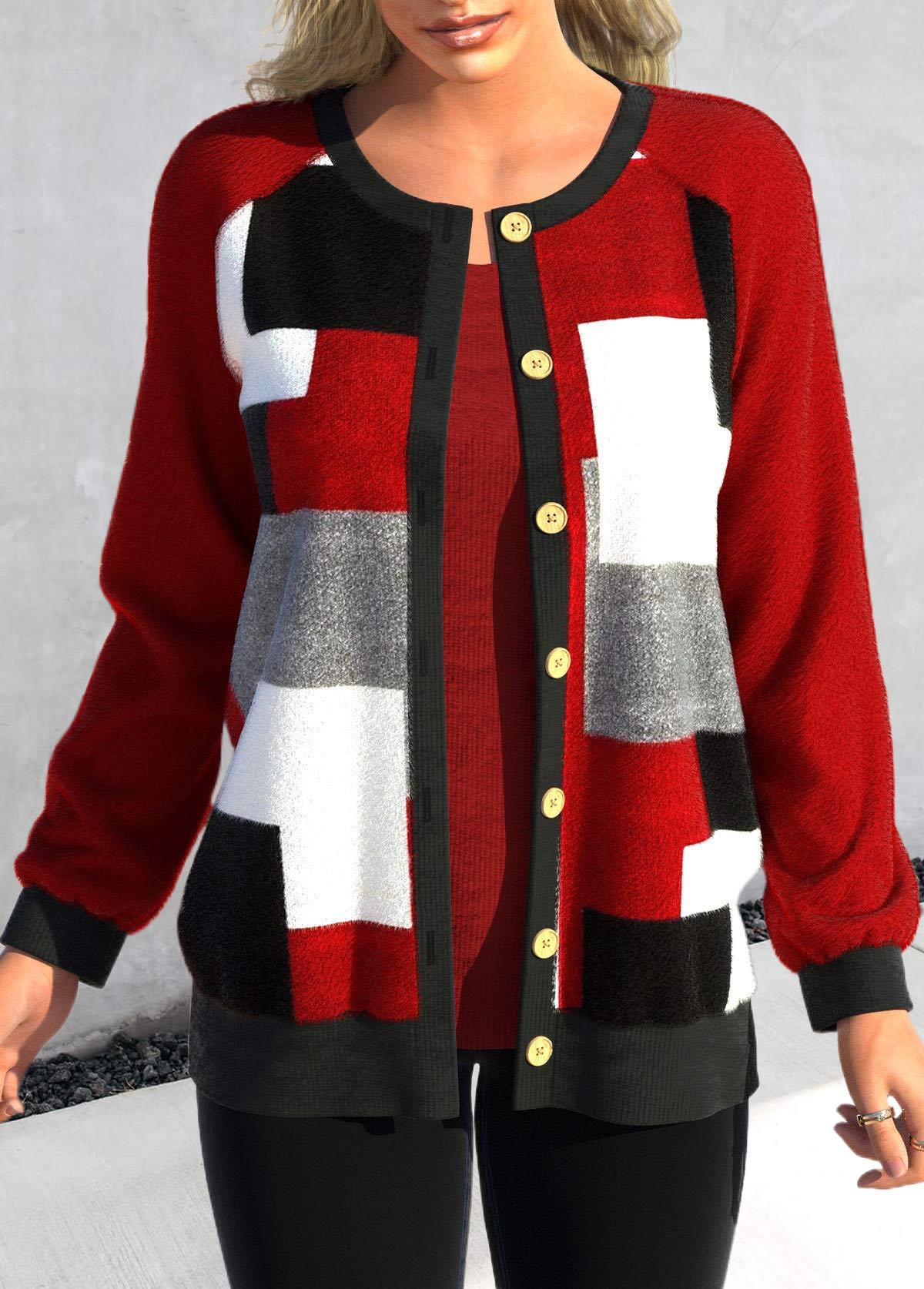 Long Sleeve Button Up Red Patchwork Cardigan