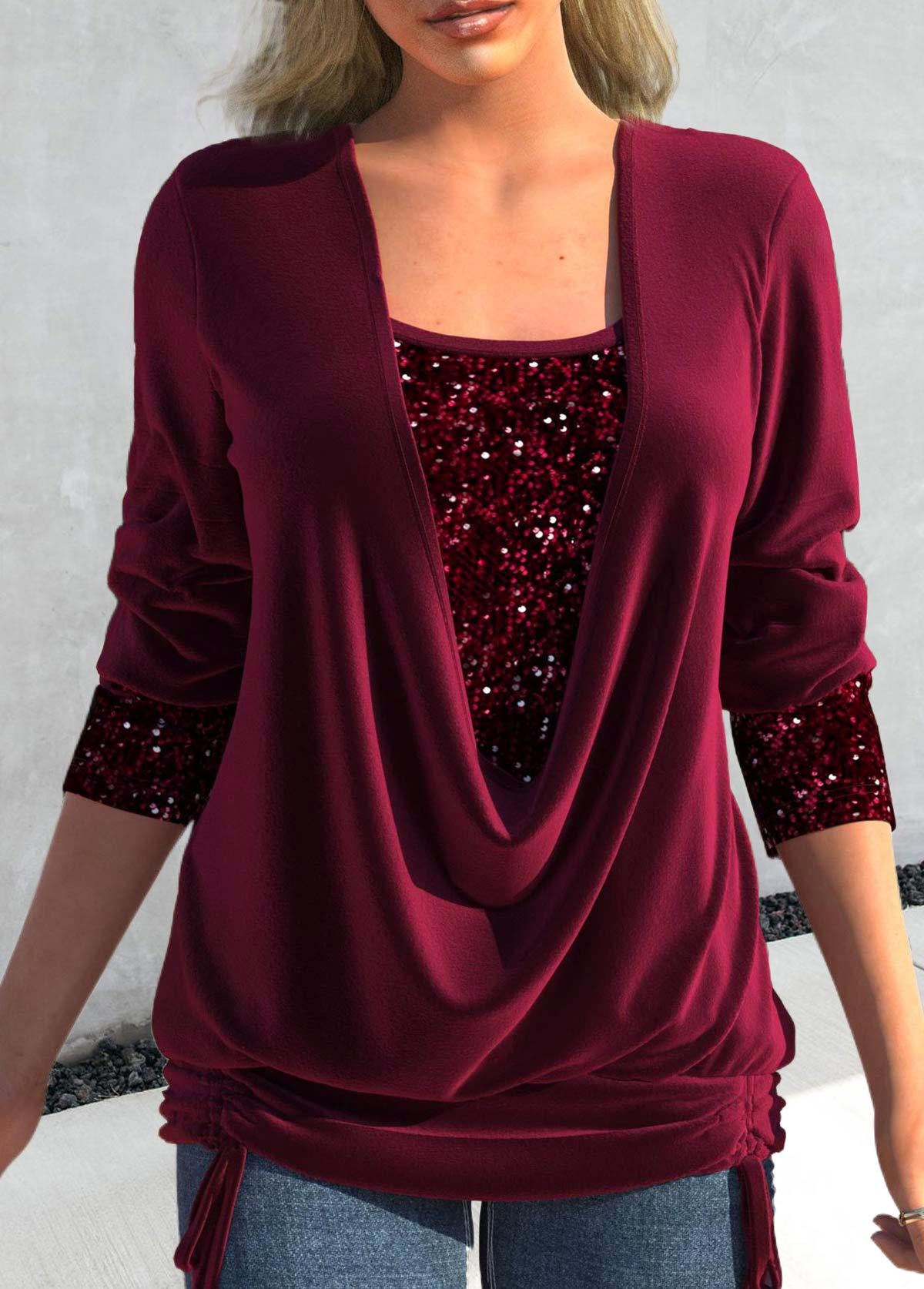 Wine Red Square Neck Sequin T Shirt