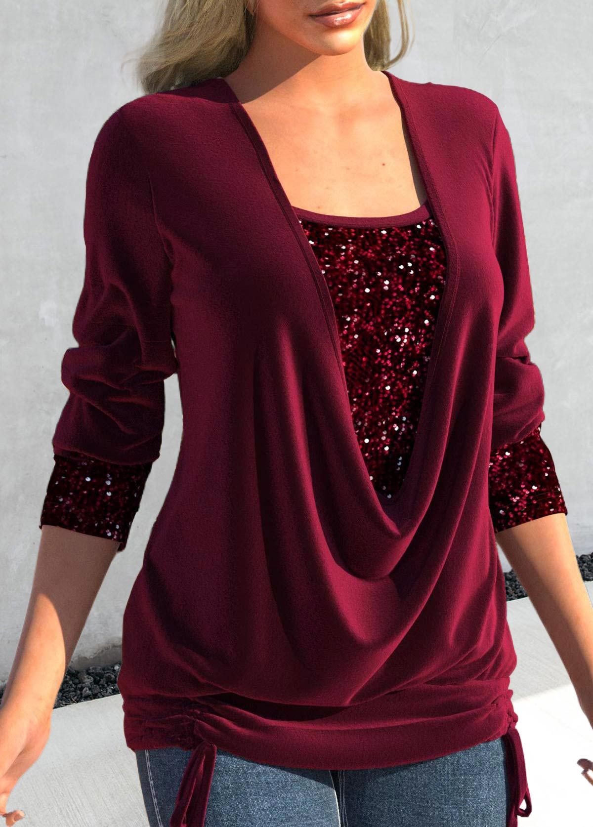 Plus Size Wine Red Square Neck Sequin T Shirt