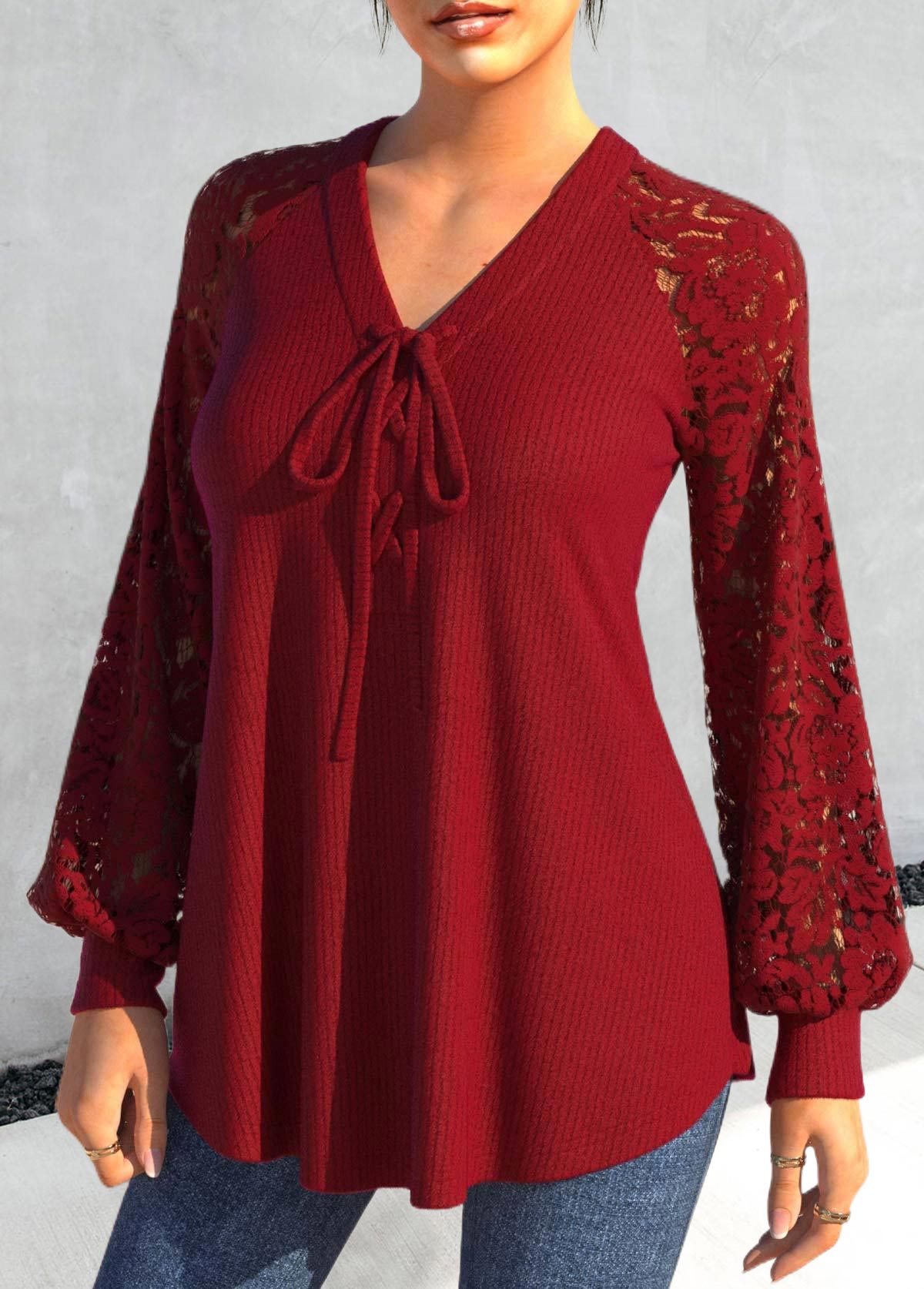 Lace Red V Neck Long Sleeve Blouse
