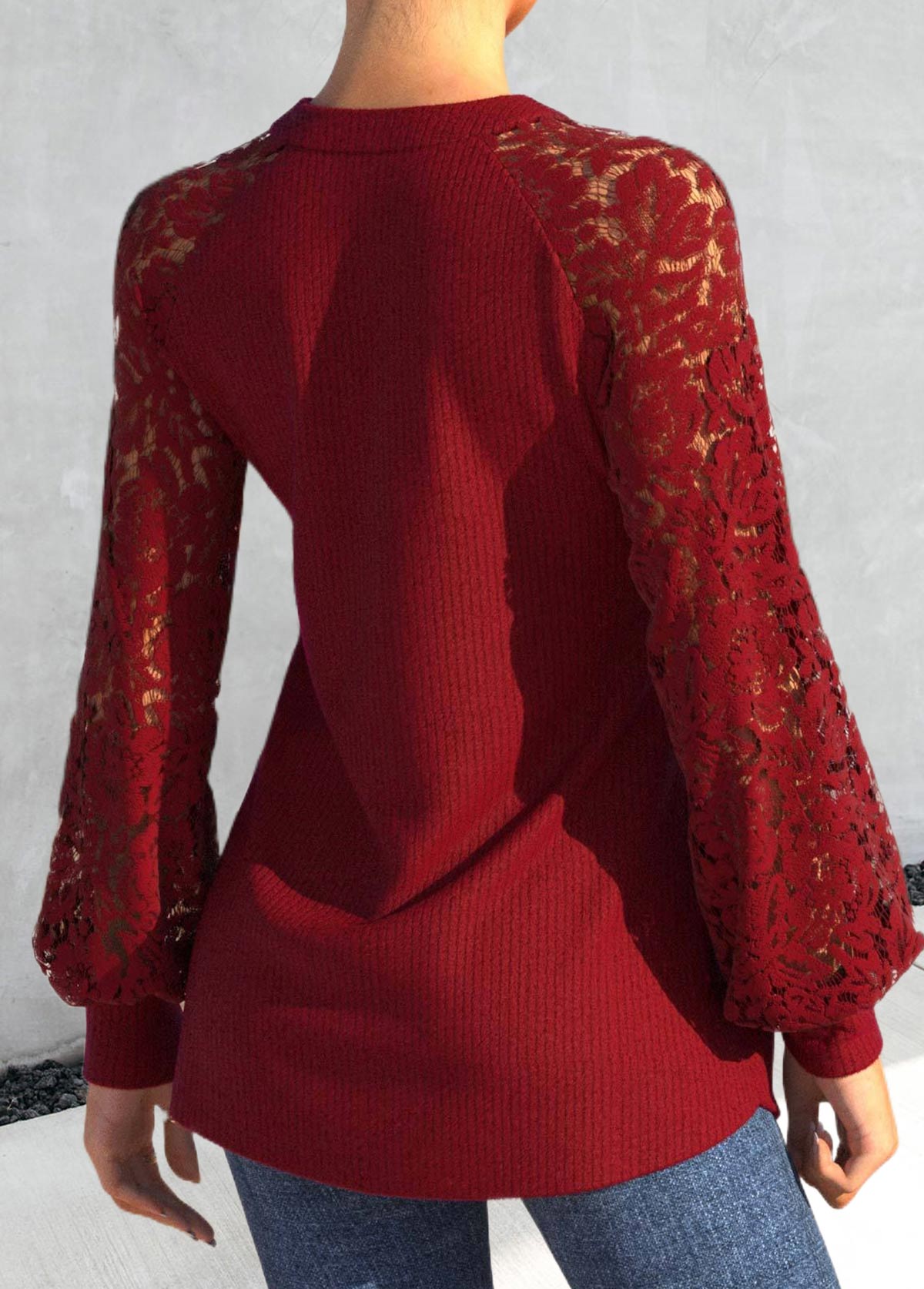 Lace Red V Neck Long Sleeve Blouse