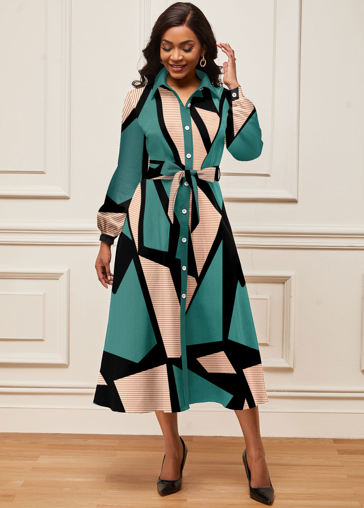 Geometric Print Button Belted Turquoise Shirt Collar Dress