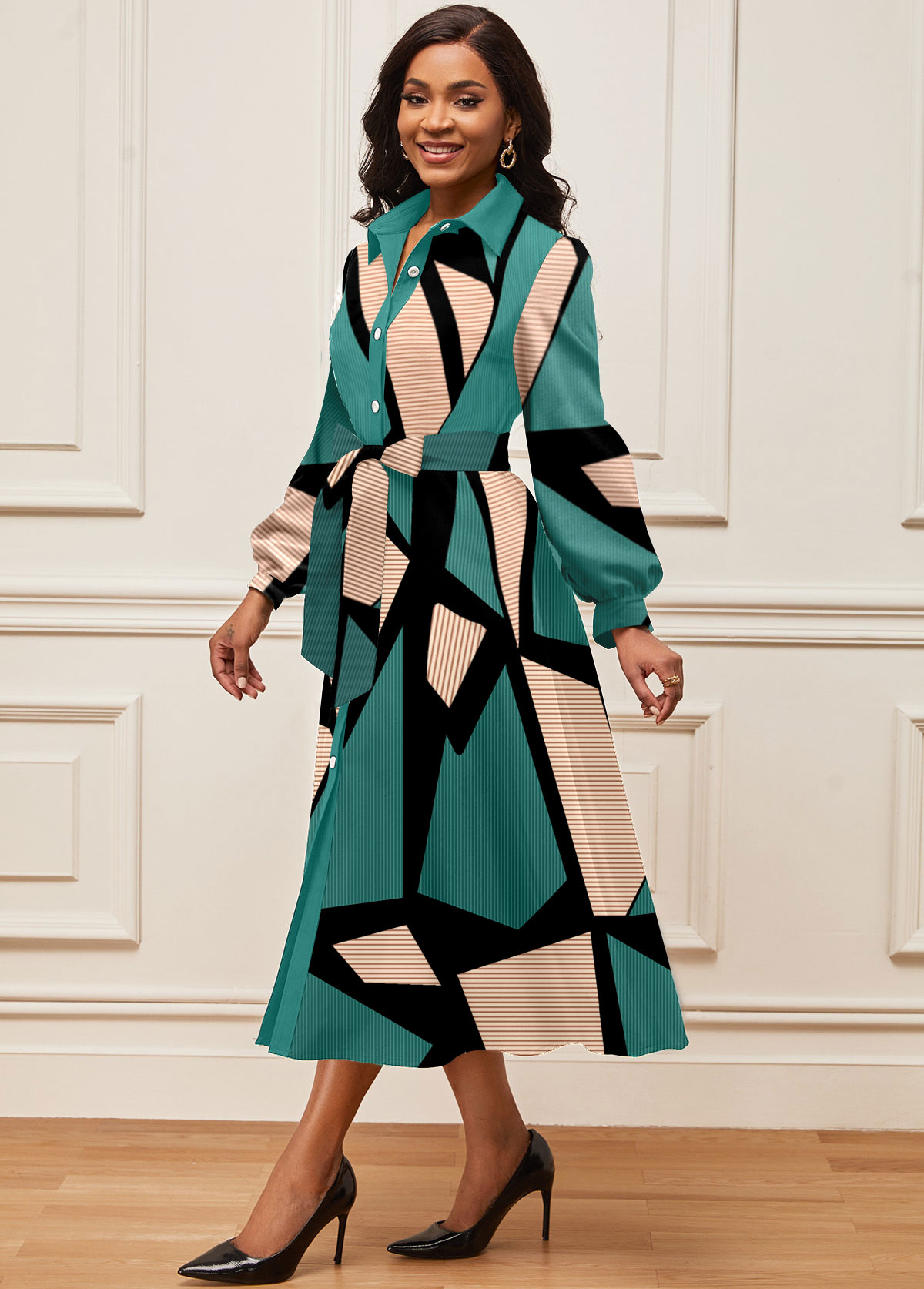 Geometric Print Button Belted Turquoise Shirt Collar Dress