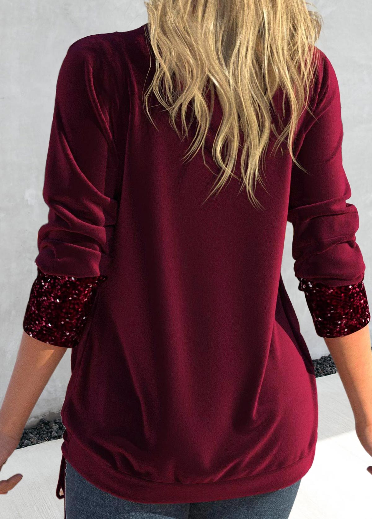 Plus Size Wine Red Square Neck Sequin T Shirt