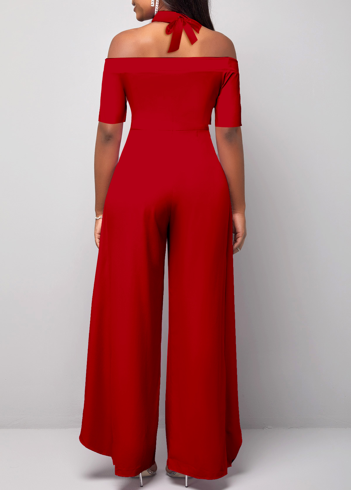 Plus Size Red Cold Shoulder Short Sleeve Jumpsuit