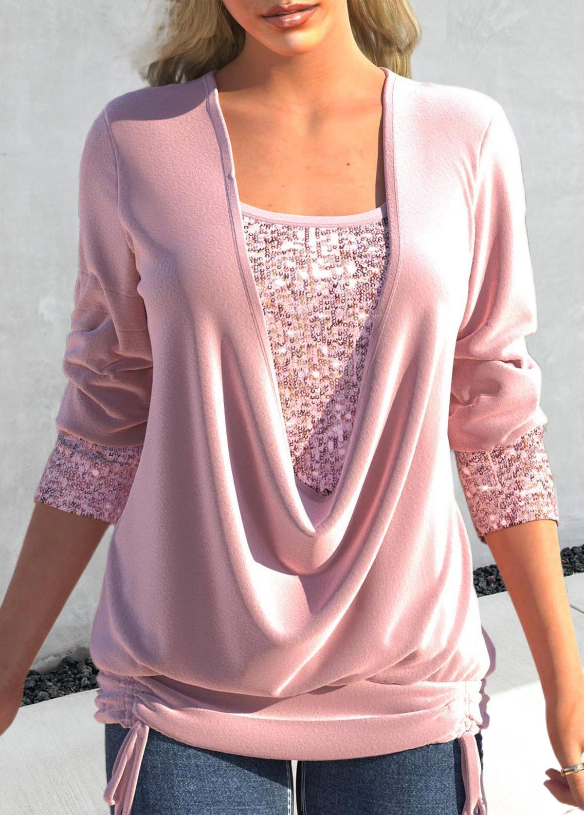 Light Pink Square Neck Sequin T Shirt