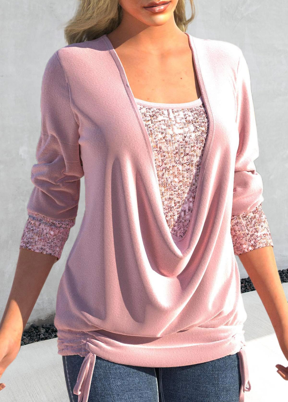 Light Pink Square Neck Sequin T Shirt