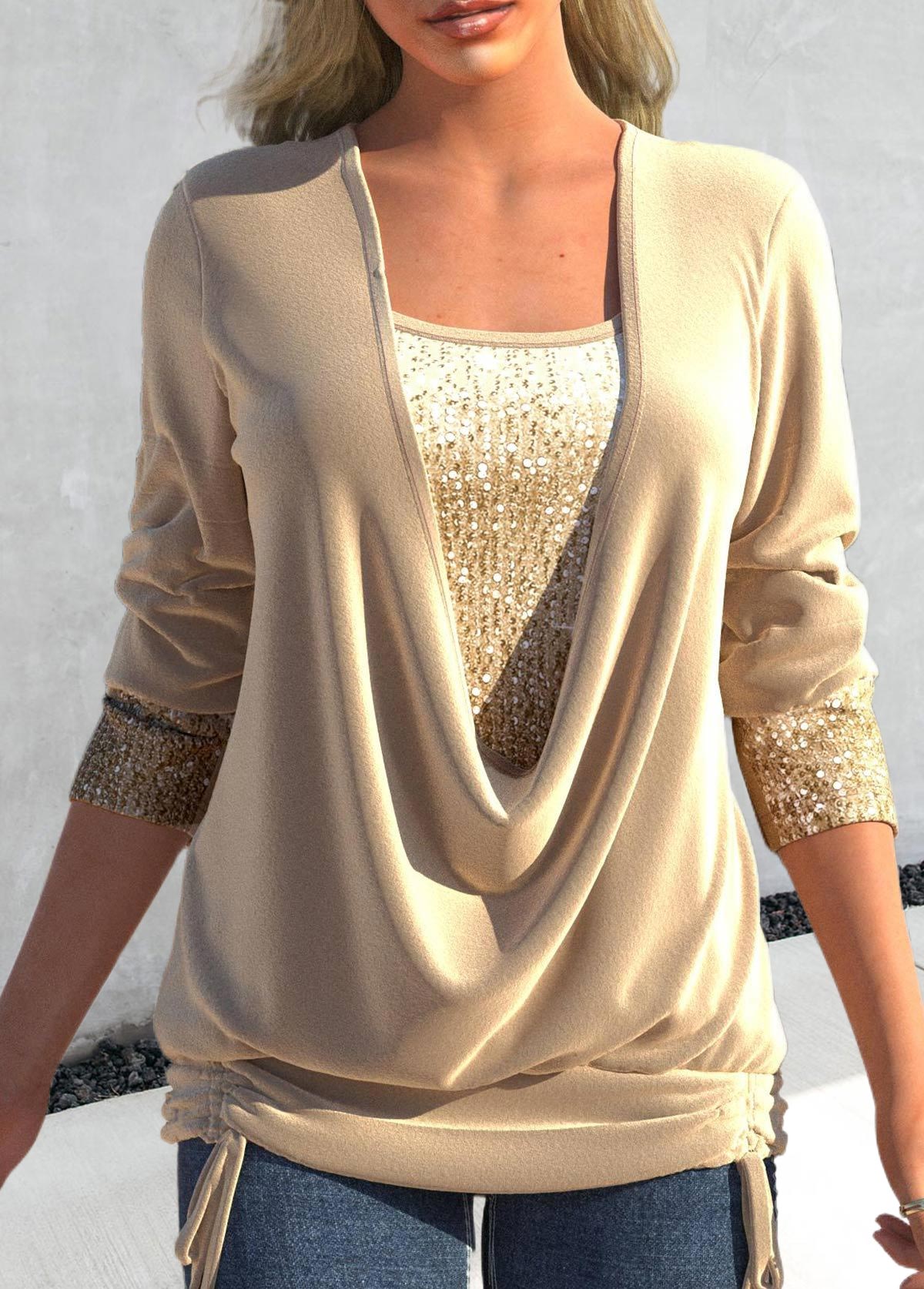 Champagne Square Neck Long Sleeve Sequin T Shirt