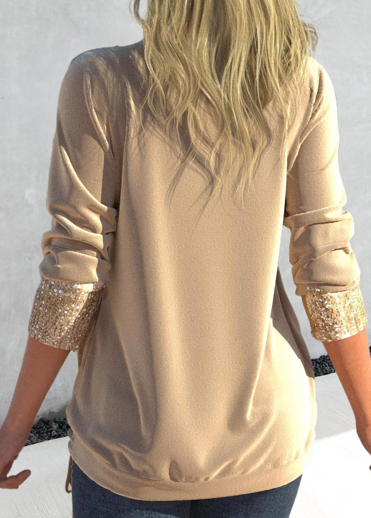 Champagne Square Neck Long Sleeve Sequin T Shirt