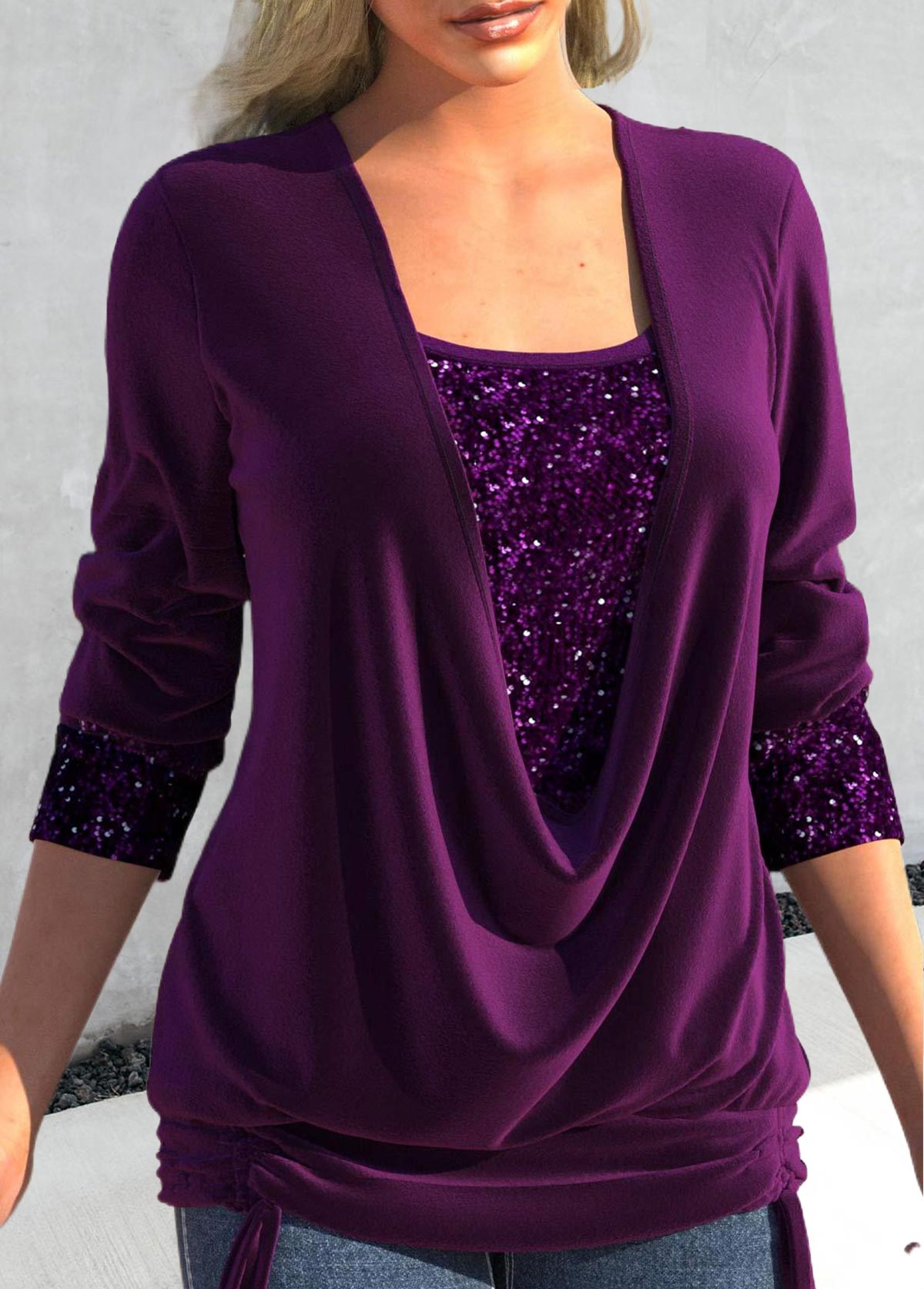 Purple Square Neck Long Sleeve Sequin T Shirt