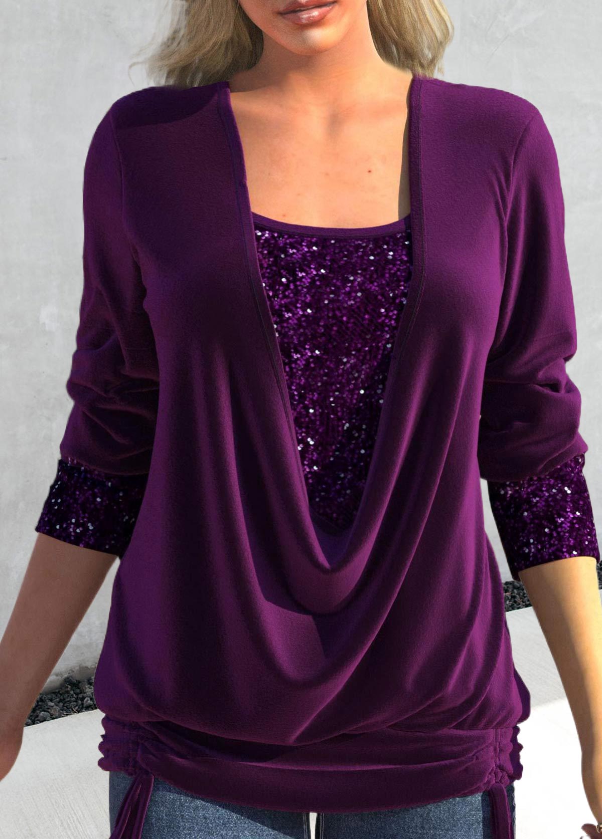 Purple Square Neck Long Sleeve Sequin T Shirt