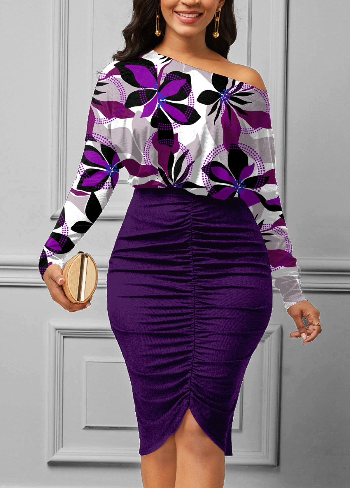 Shirred Floral Print Purple Bodycon Dress