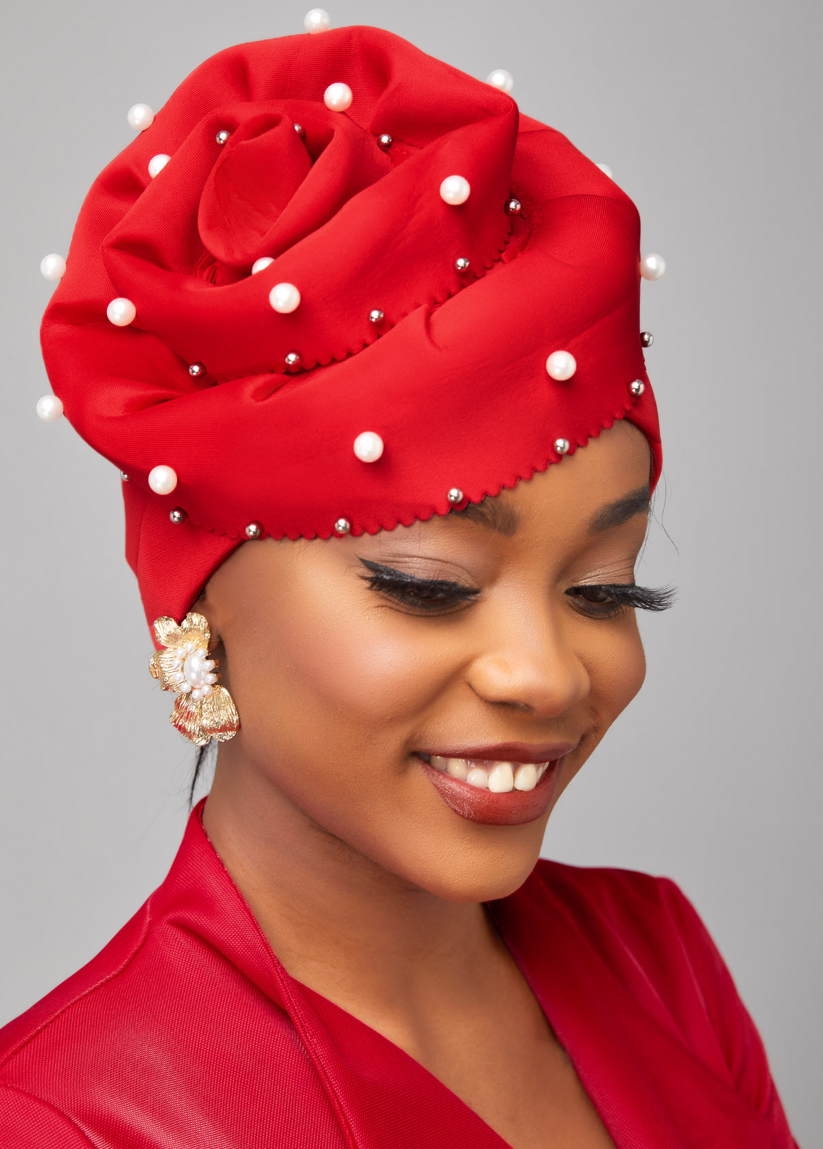 Floral Design Red Pearl Turban Hat
