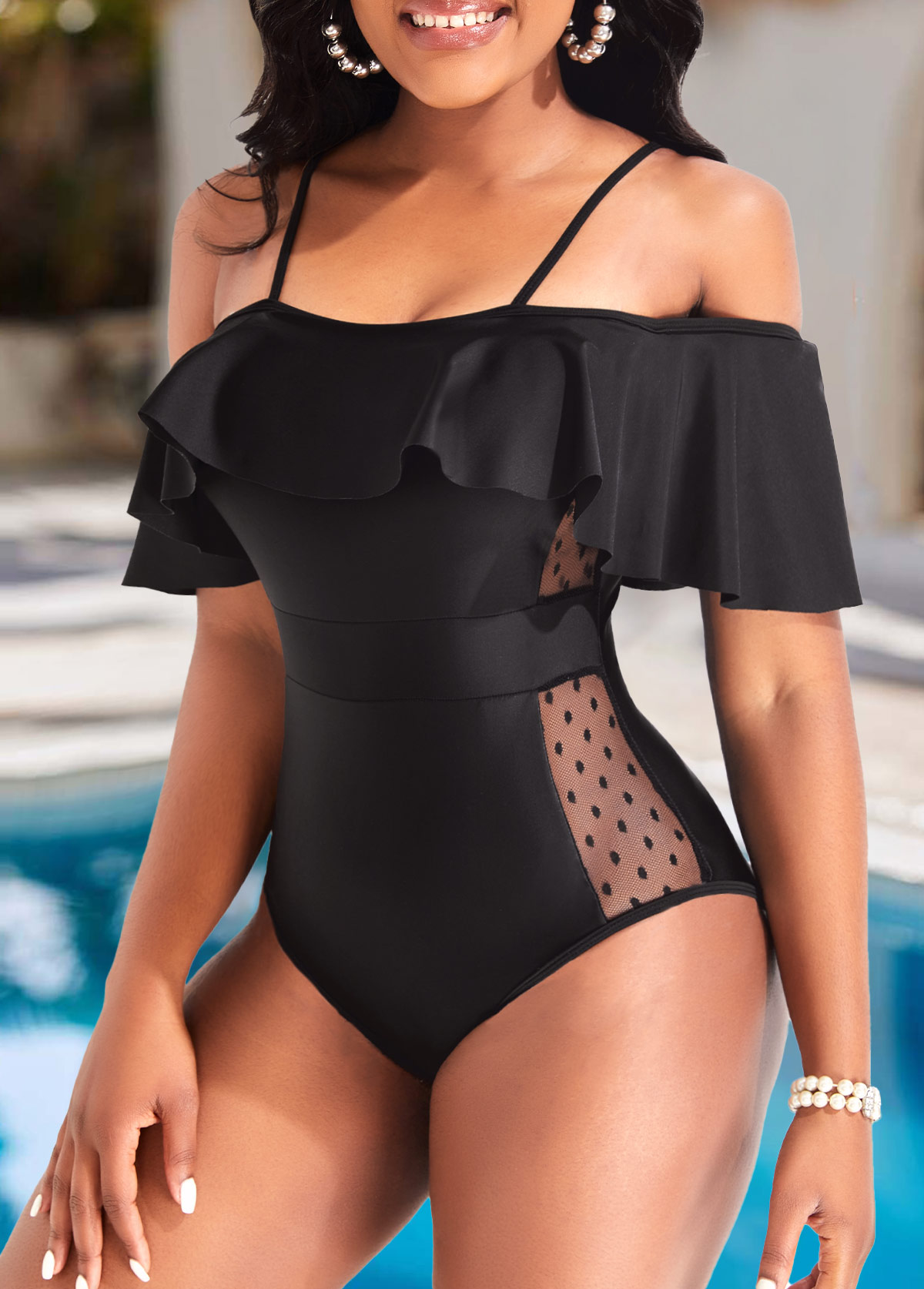Flounce Lace Black One Piece Swimwear