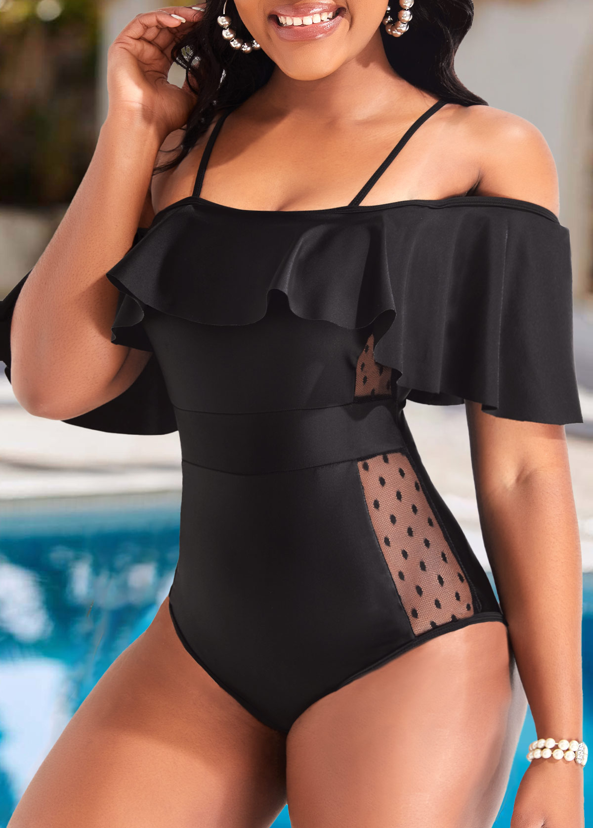 Flounce Lace Black One Piece Swimwear