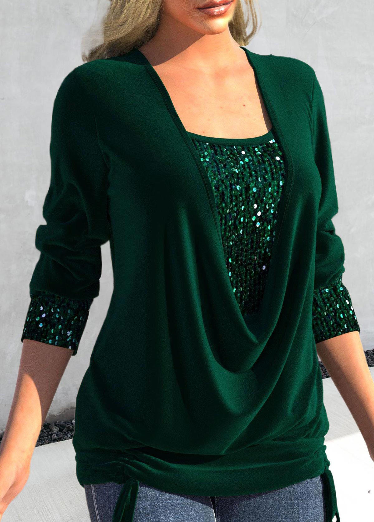 Green Sequin Square Neck Long Sleeve T Shirt