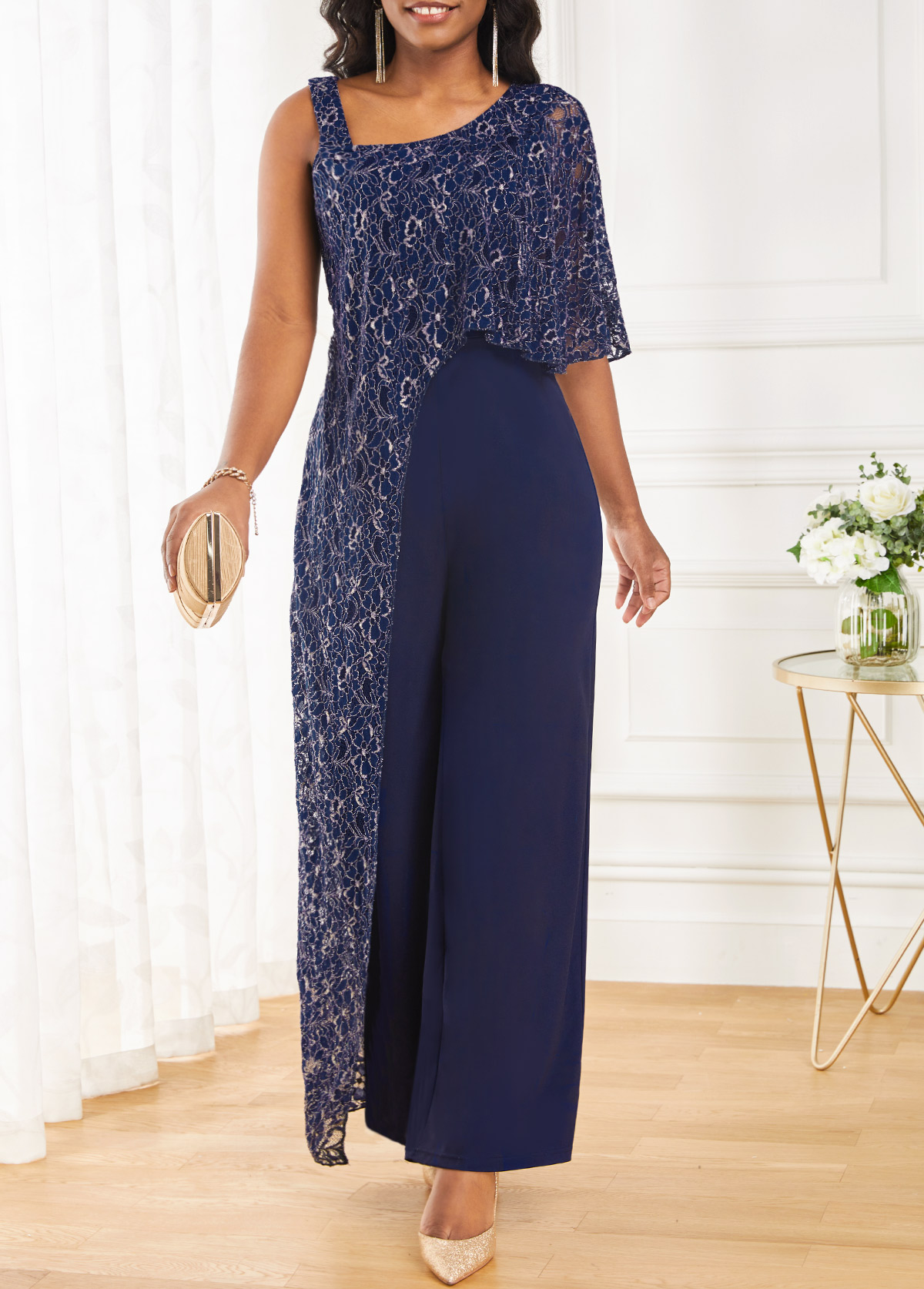 Lace Navy One Shoulder Sleeveless Jumpsuit