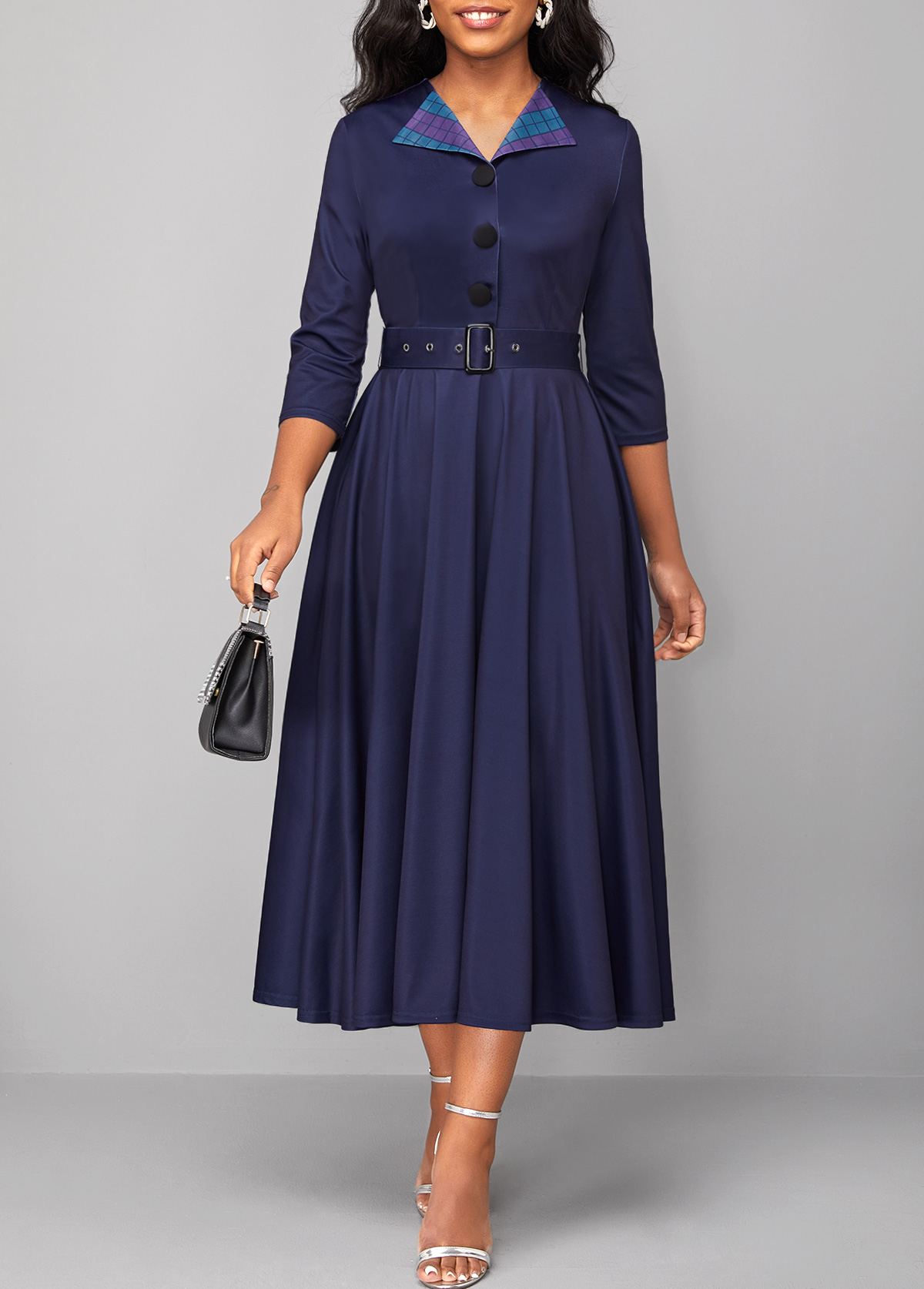 Plaid Button Belted Navy Turn Down Collar Dress