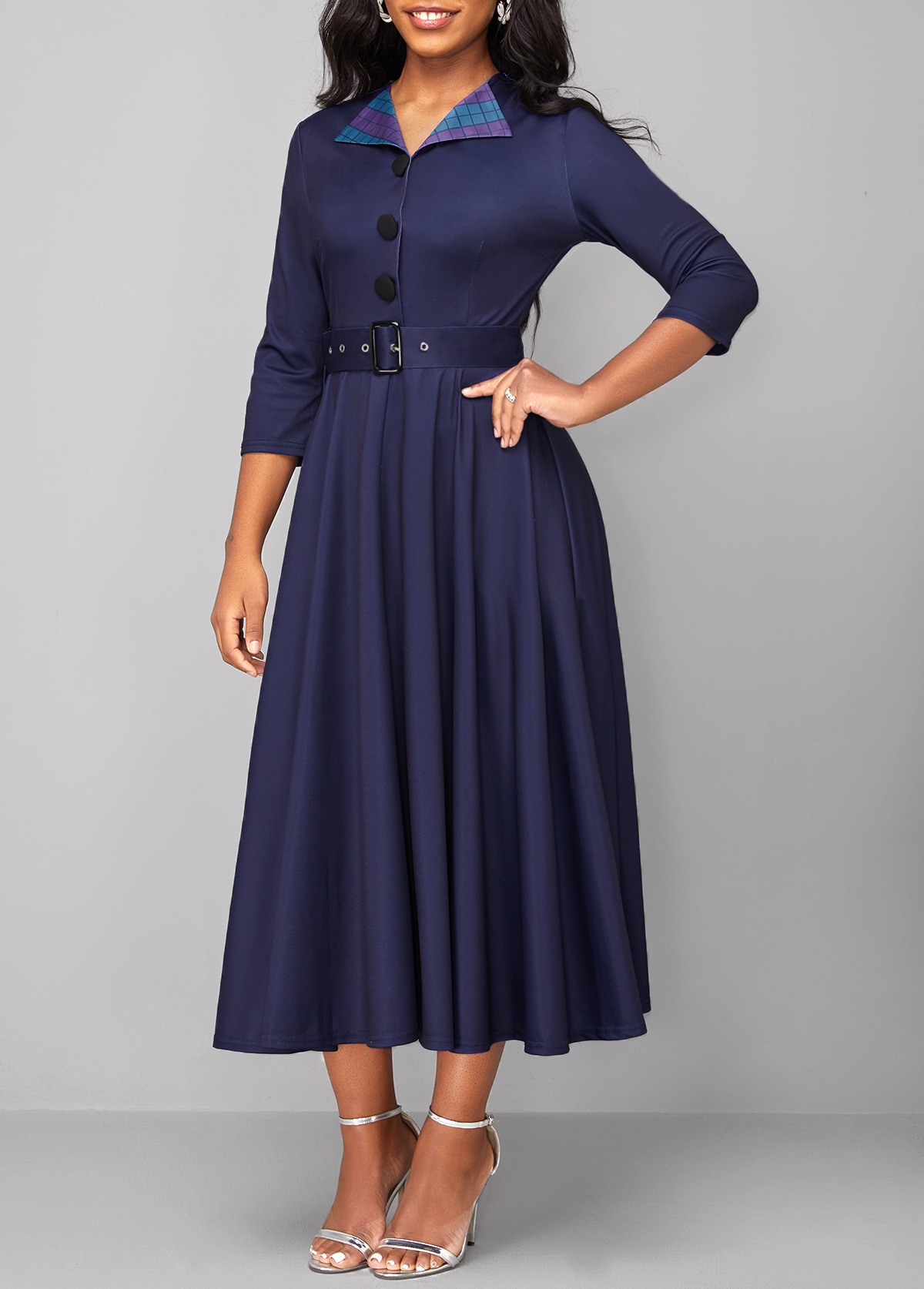 Plaid Button Belted Navy Turn Down Collar Dress