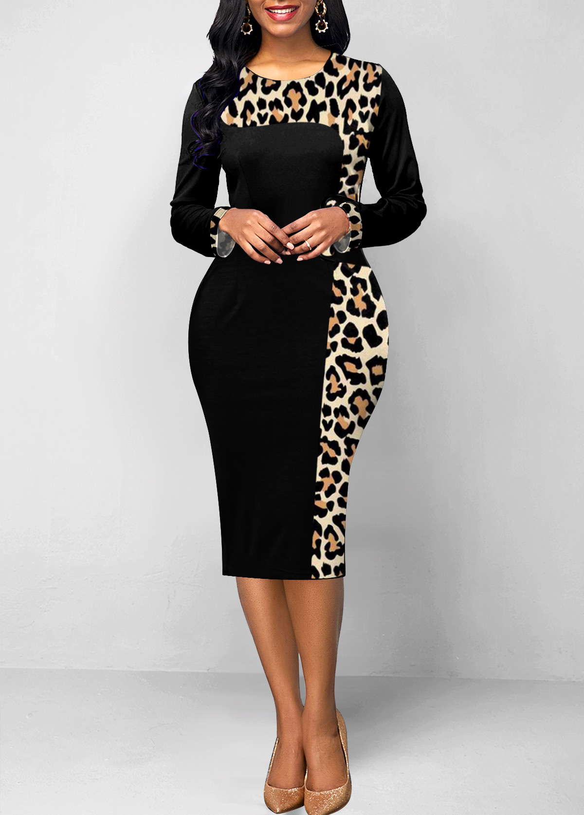 Leopard Patchwork Black Round Neck Bodycon Dress