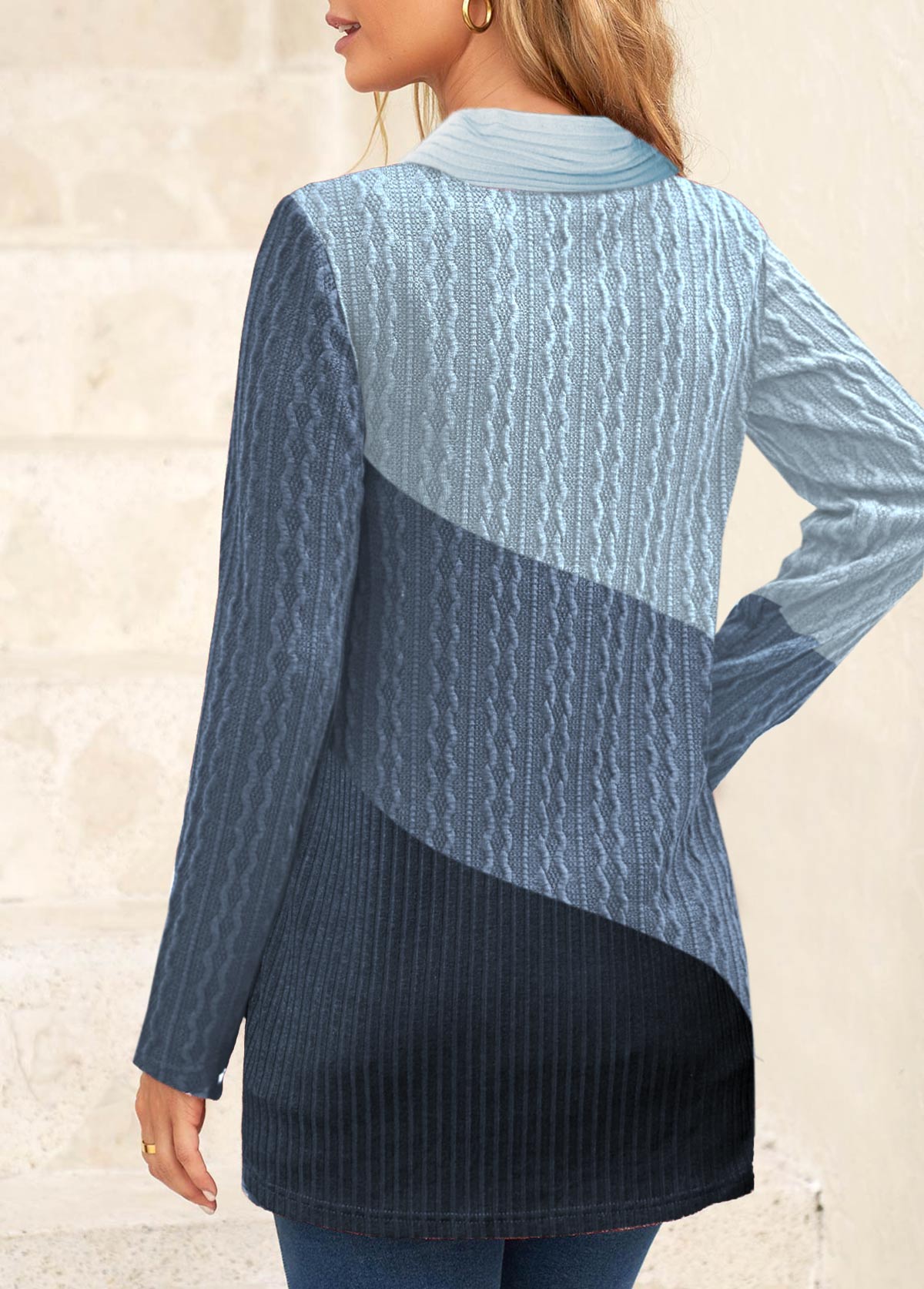 Patchwork Blue Long Sleeve V Neck Sweatshirt