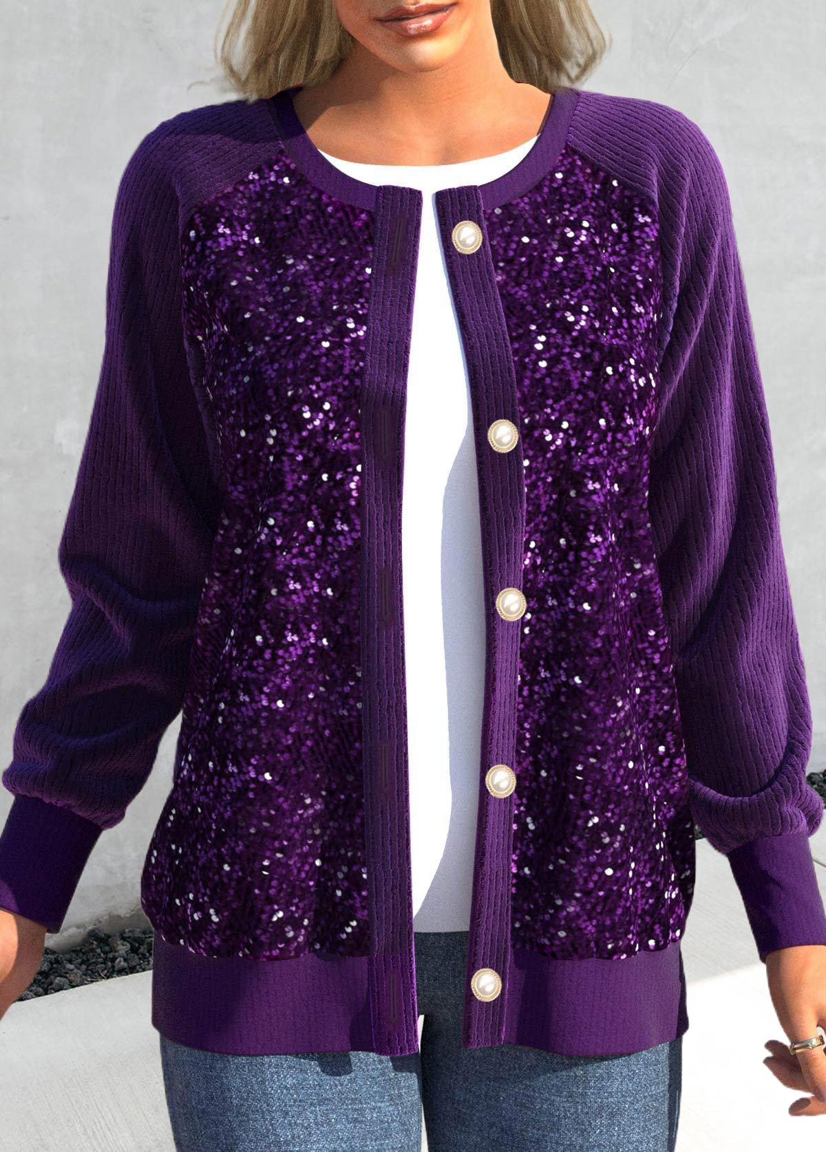 Dark Purple Round Neck Long Sleeve Sequin Cardigan