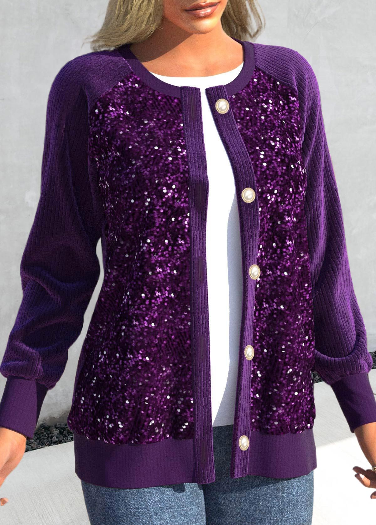 Dark Purple Round Neck Long Sleeve Sequin Cardigan