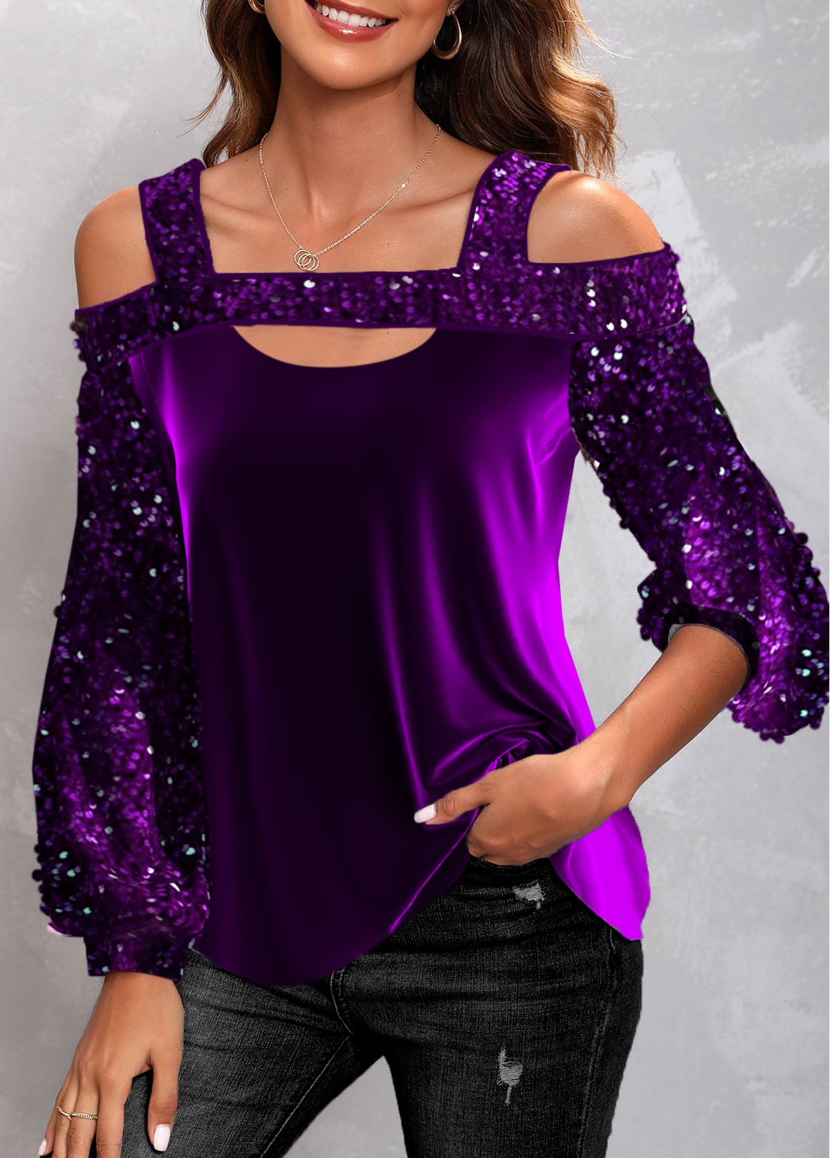 Cut Out Off Shoulder Purple Long Sleeve Sweatshirt
