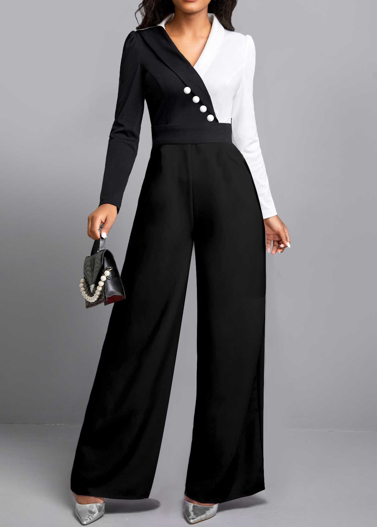 Contrast Long Sleeve Black Button Jumpsuit