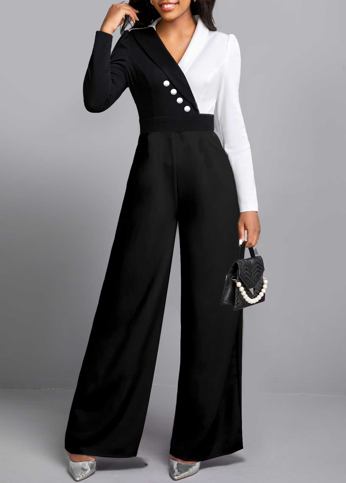 Contrast Long Sleeve Black Button Jumpsuit