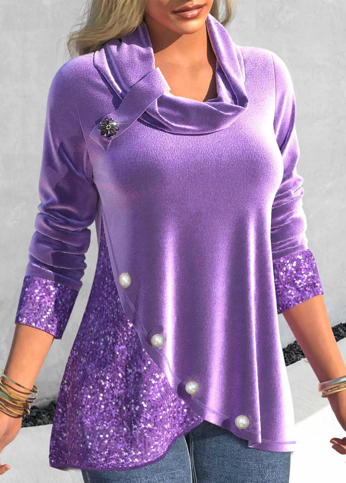 Light Purple Velvet Cowl Neck Long Sleeve Sweatshirt