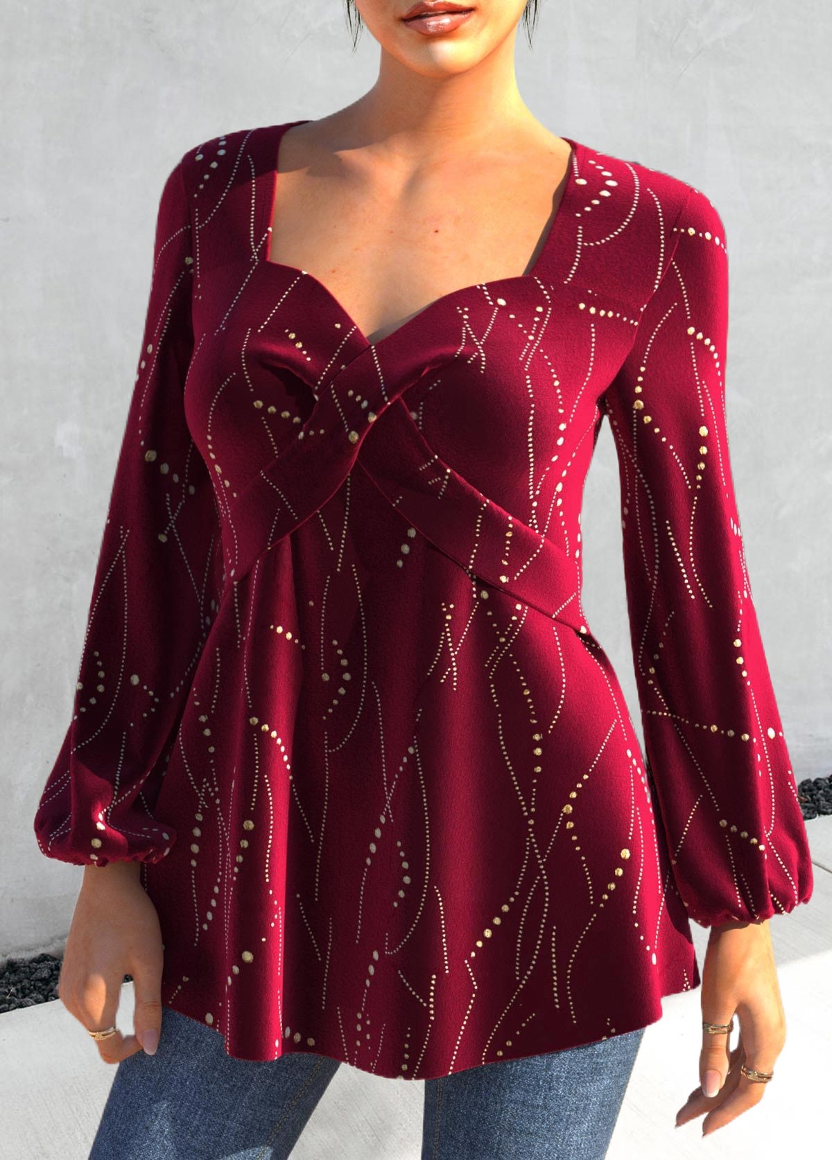 Wine Red Criss Cross Heart Collar T Shirt
