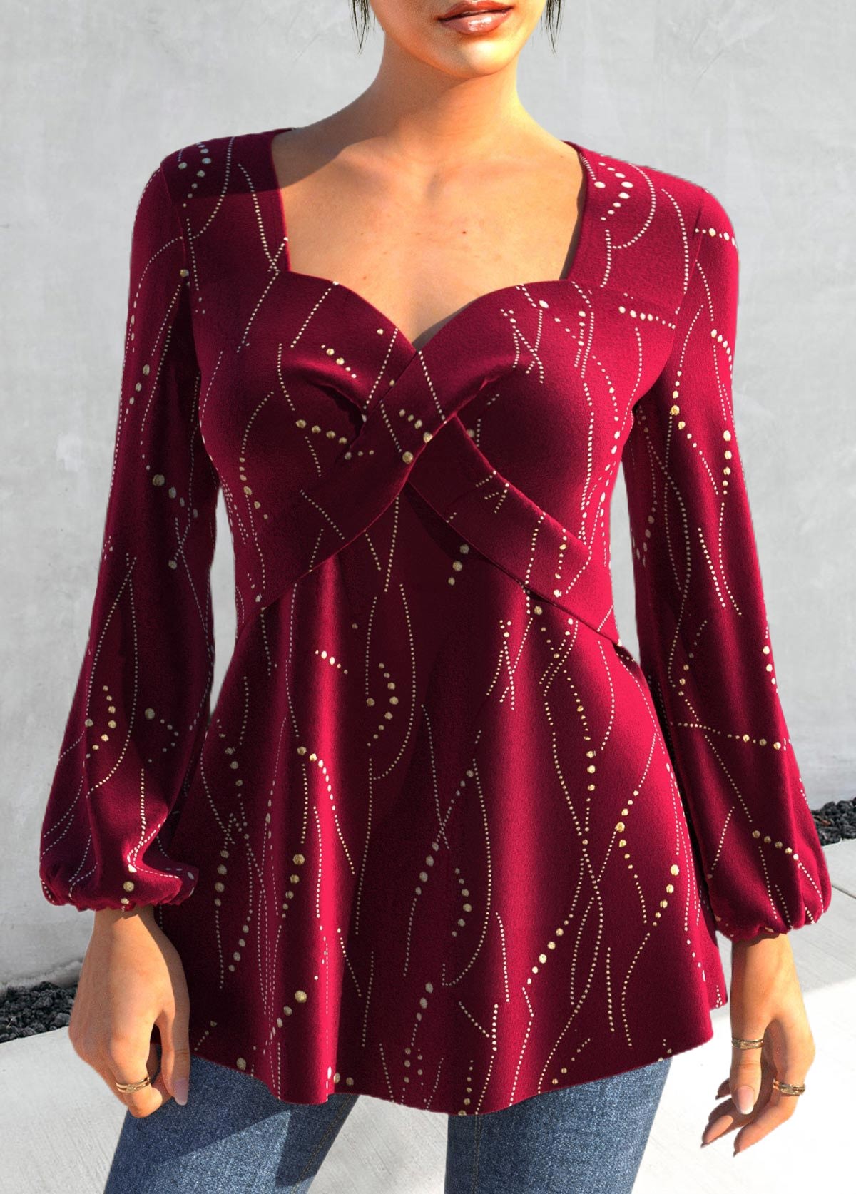 Wine Red Criss Cross Heart Collar T Shirt