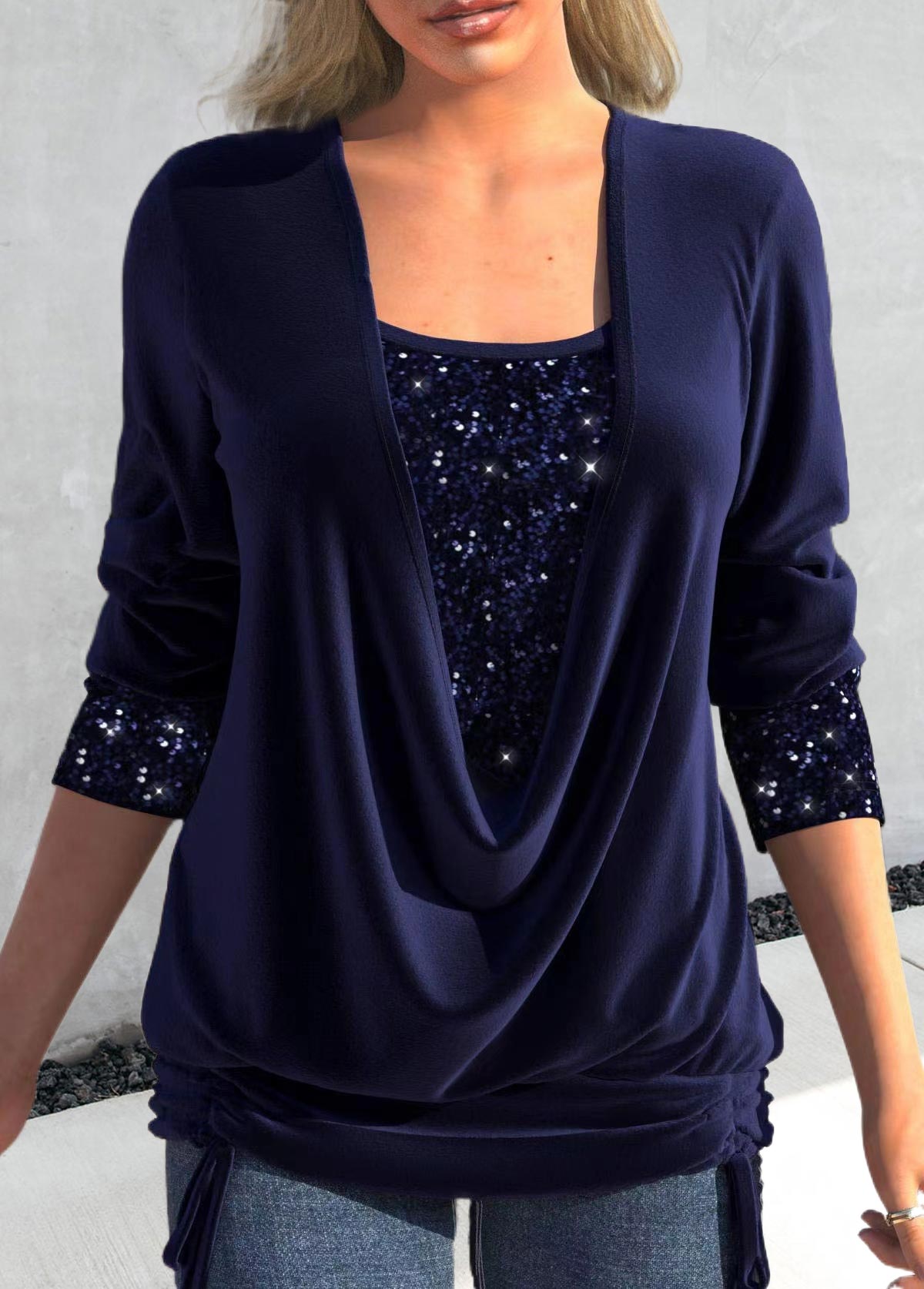 Navy Square Neck Long Sleeve Sequin T Shirt