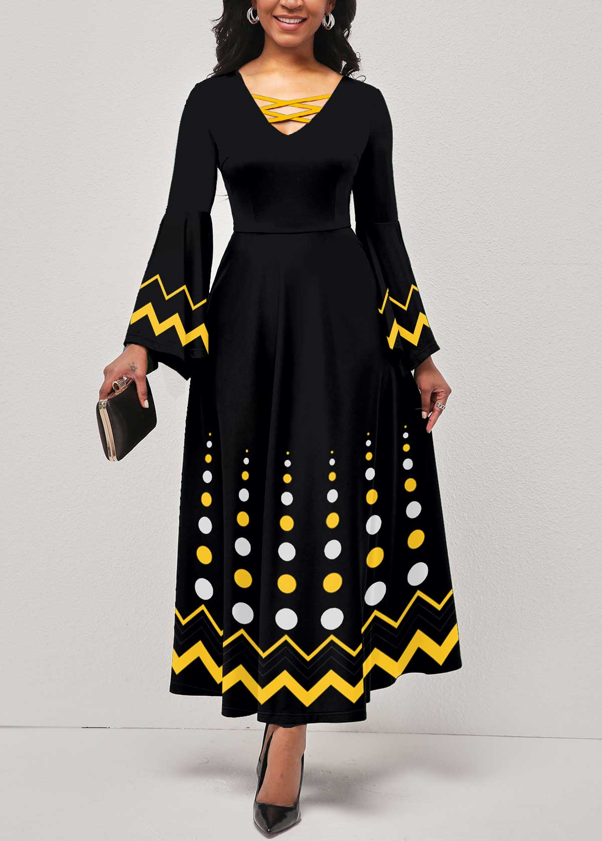 Polka Dot Criss Cross Black V Neck Dress