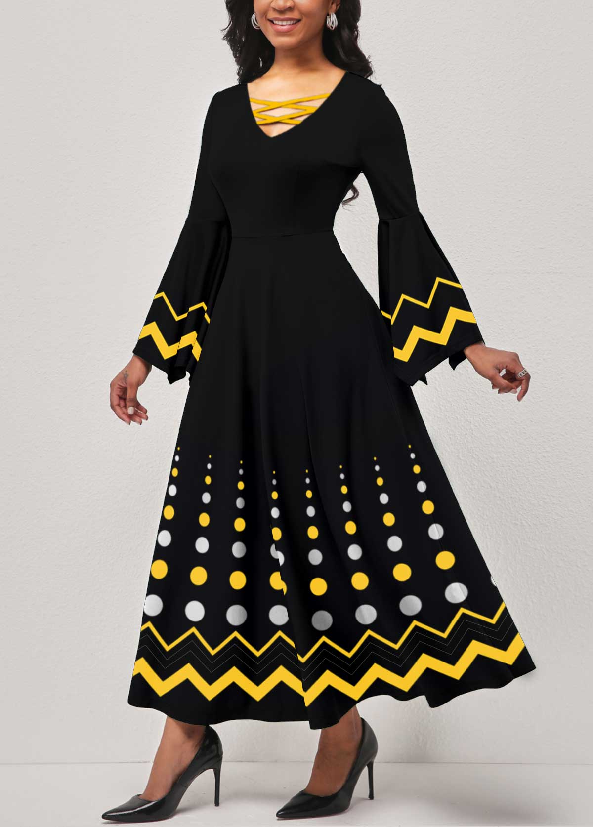 Polka Dot Criss Cross Black V Neck Dress