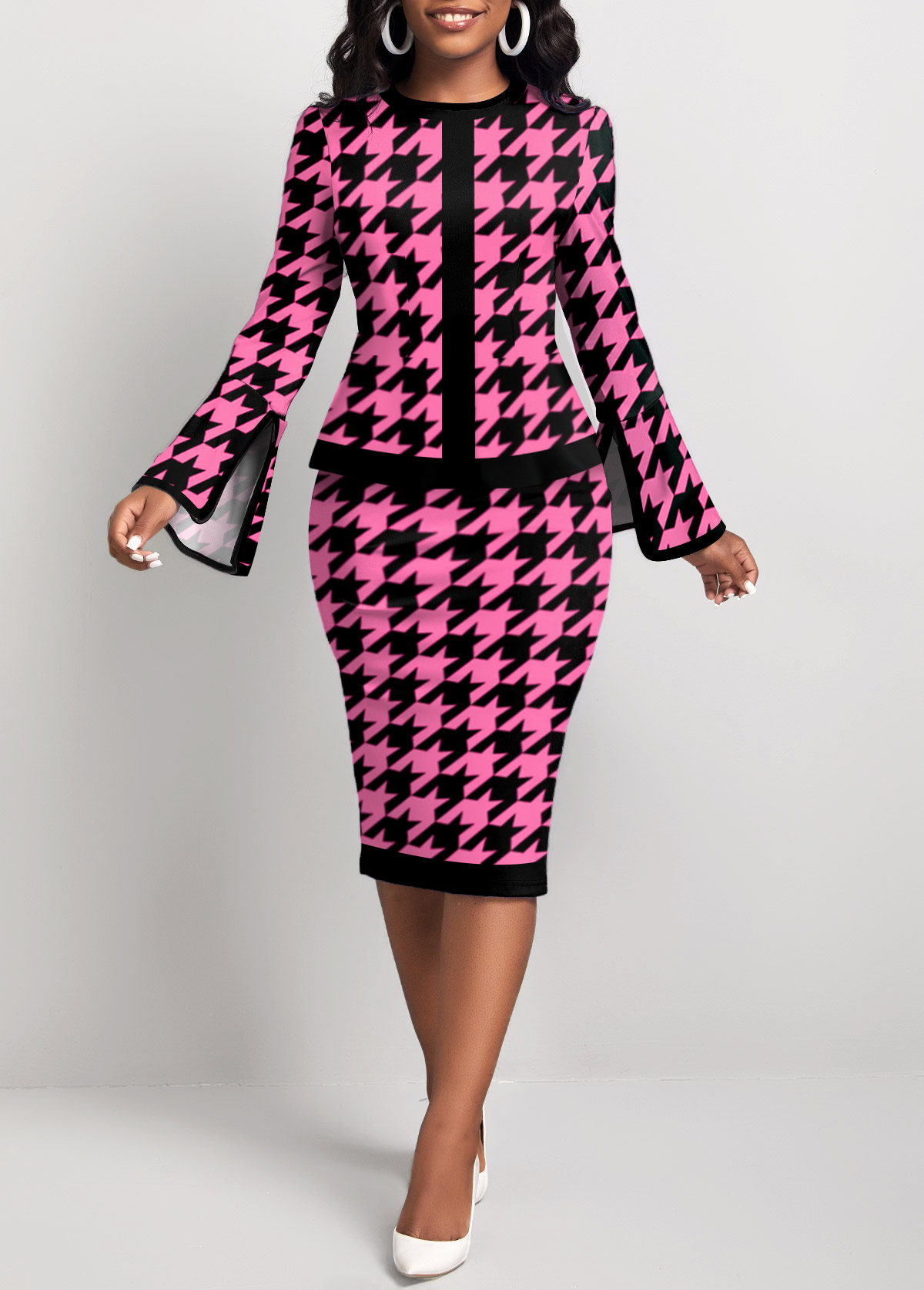 Houndstooth Print Two Piece Hot Pink Top and Skirt