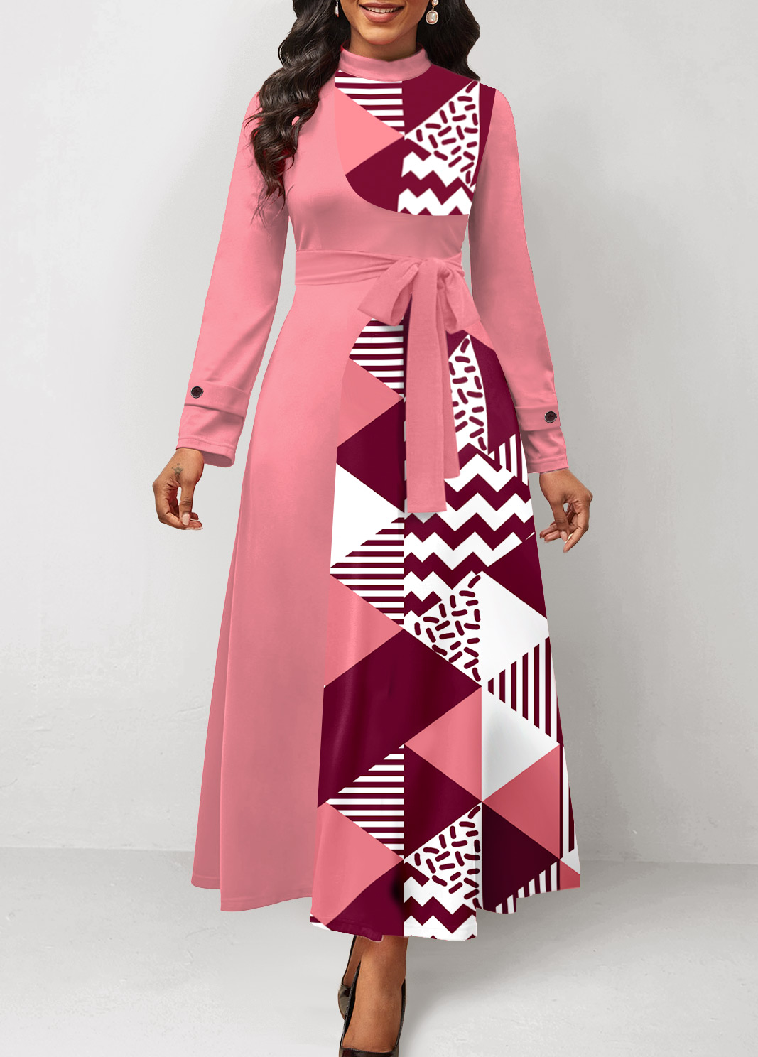 Geometric Print Patchwork Belted Pink Maxi Dress