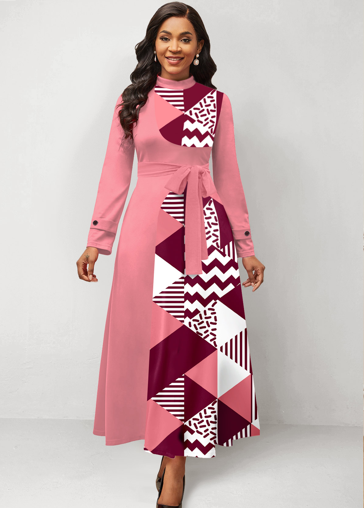 Geometric Print Patchwork Belted Pink Maxi Dress