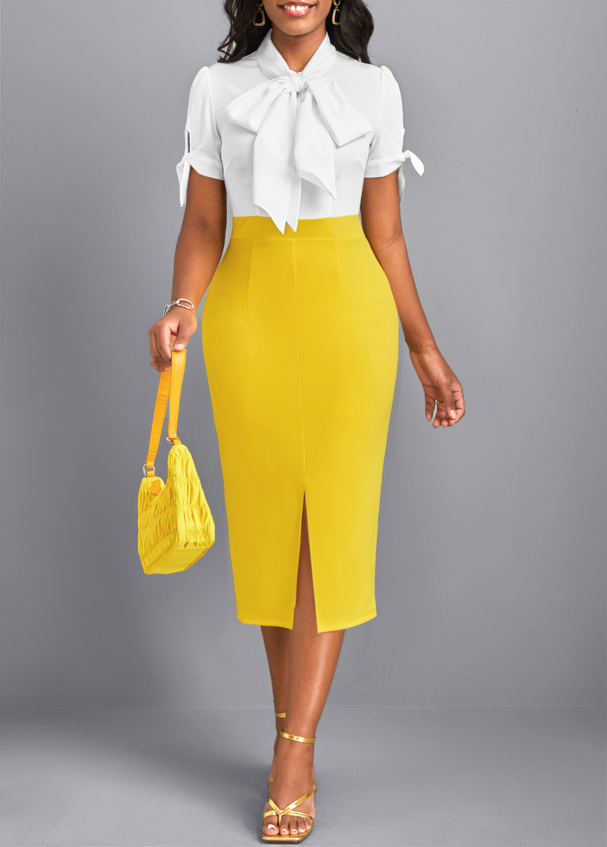 Yellow Tie Collar Short Sleeve Split Bodycon Dress