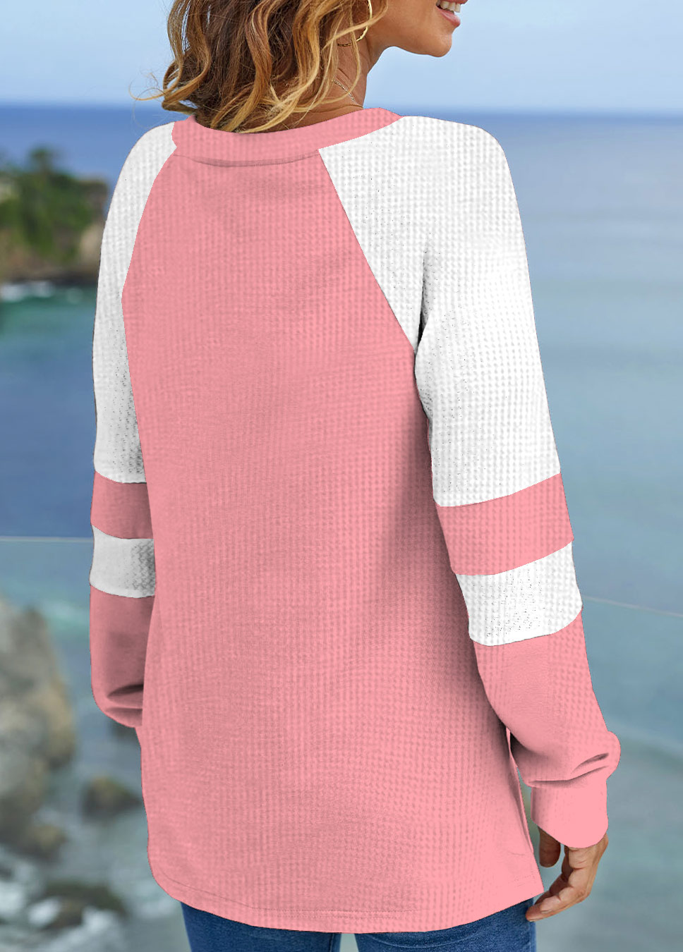 Patchwork V Neck Long Sleeve Pink Sweatshirt
