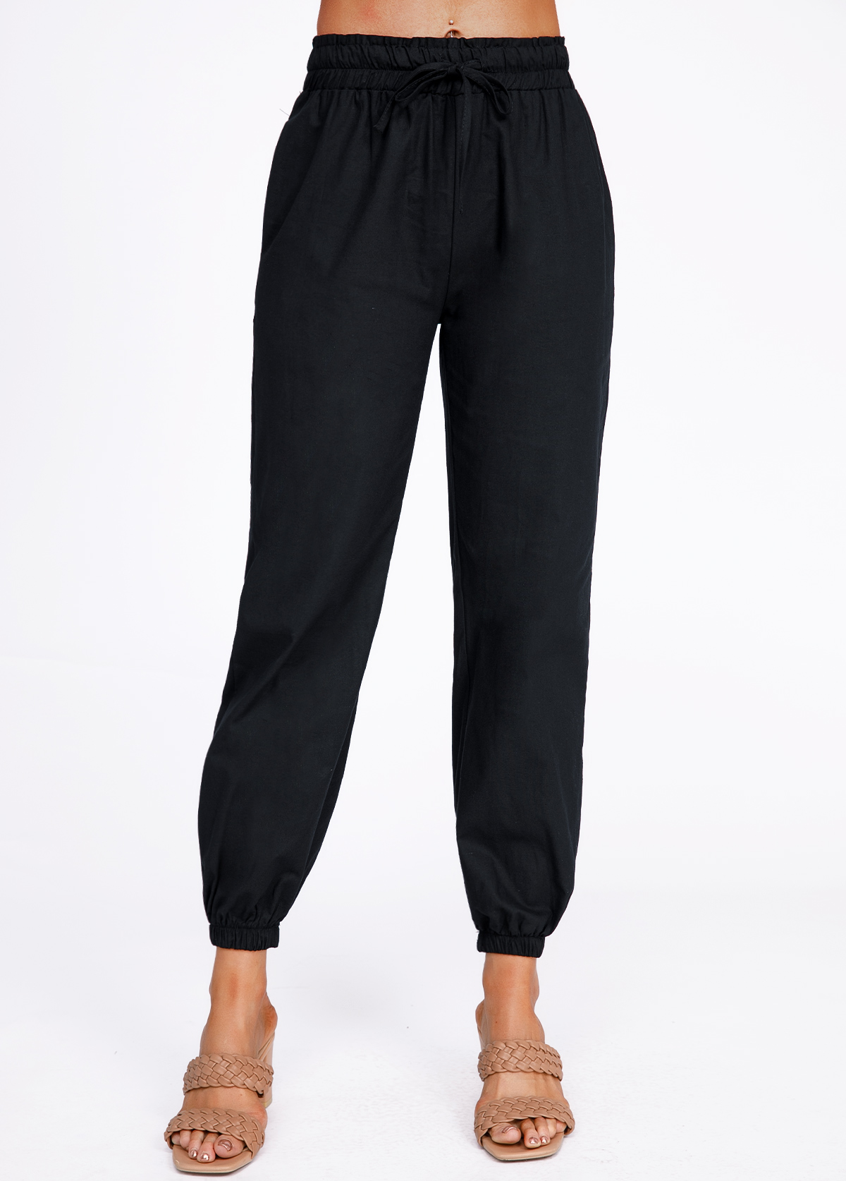 Drawstring Black High Waisted Belted Pants