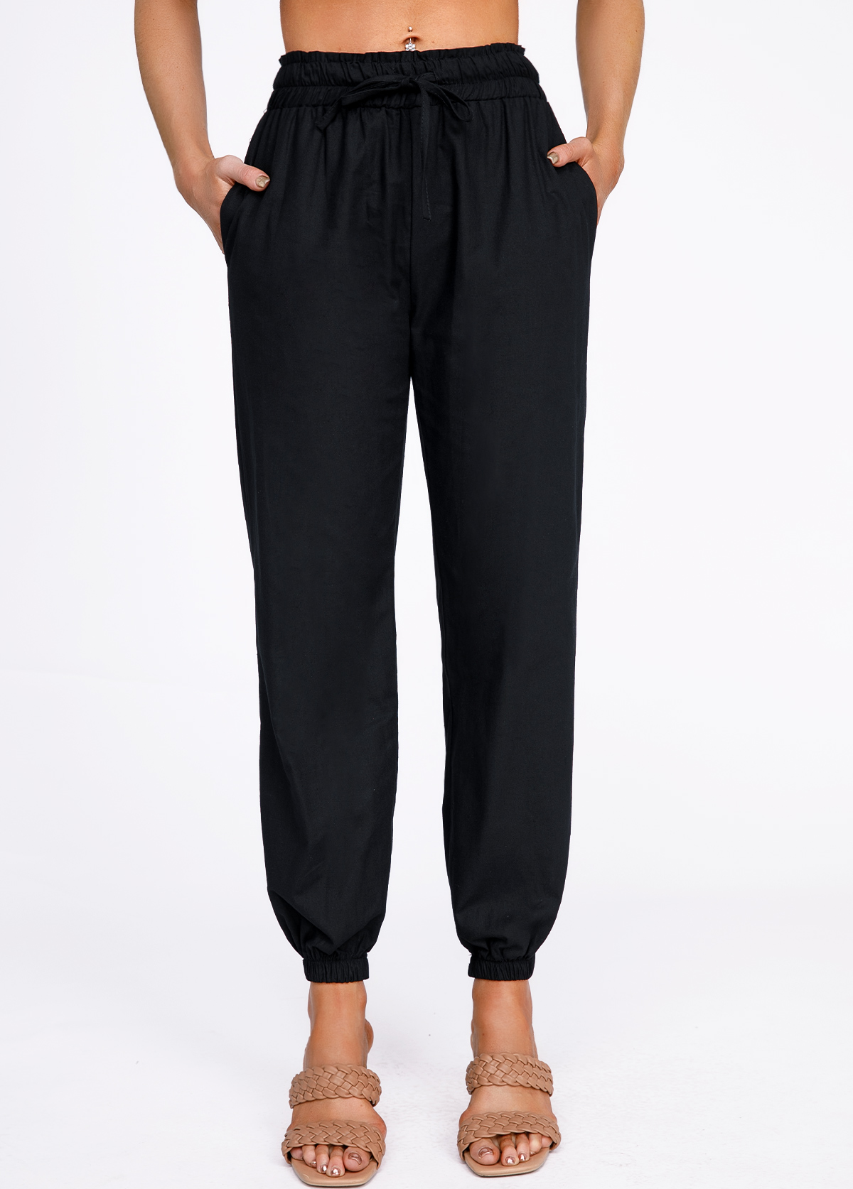 Drawstring Black High Waisted Belted Pants