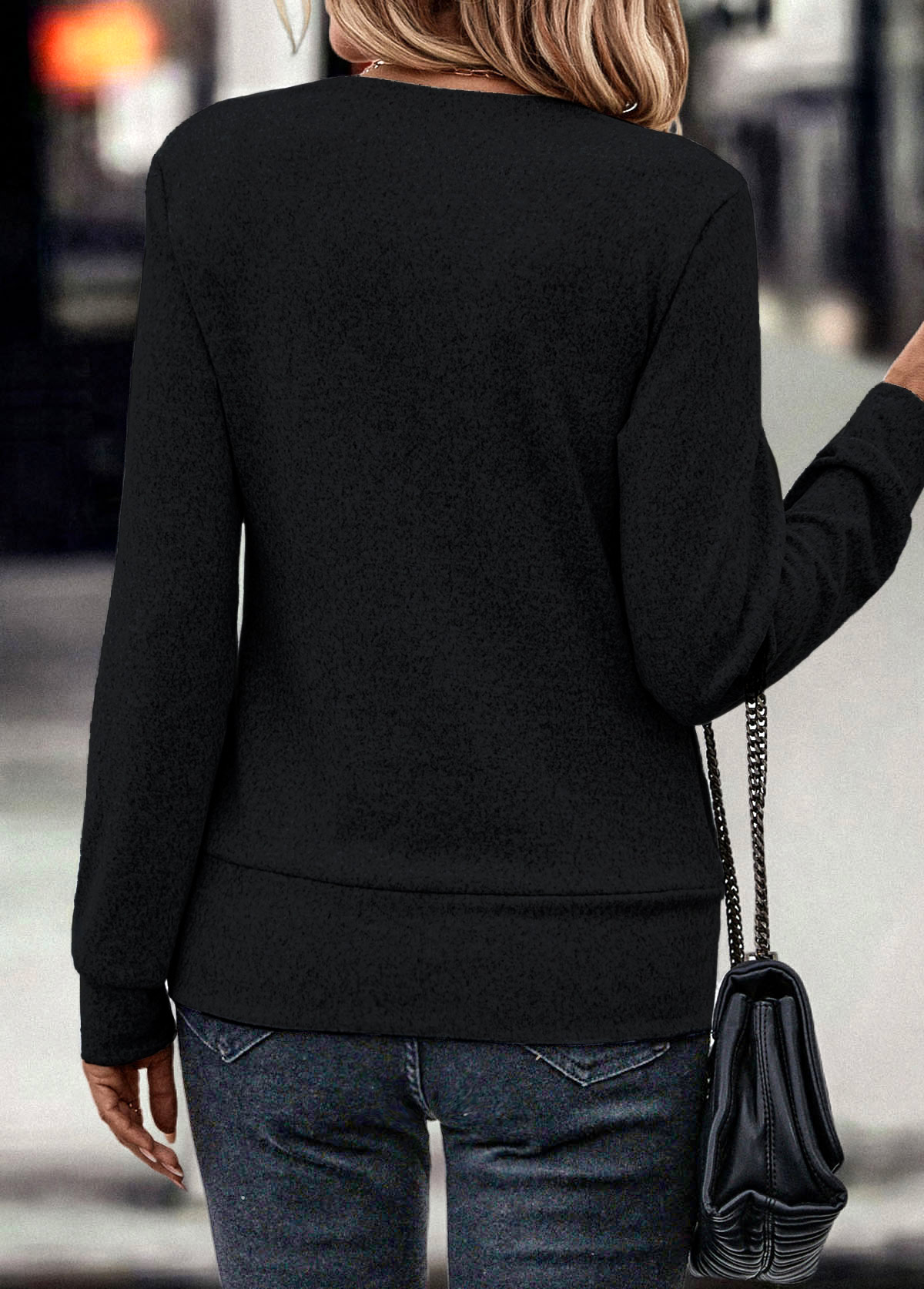 Fake 2in1 Square Neck Long Sleeve Black Sweatshirt